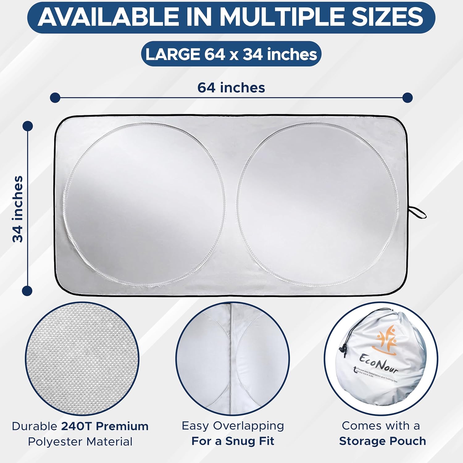 EcoNour Car Front Windshield Sun Shade | Durable 240T Material Sun Visor for UV Rays and Sun Heat Protection | Car Interior Accessories for Cooler Interior | Large (64