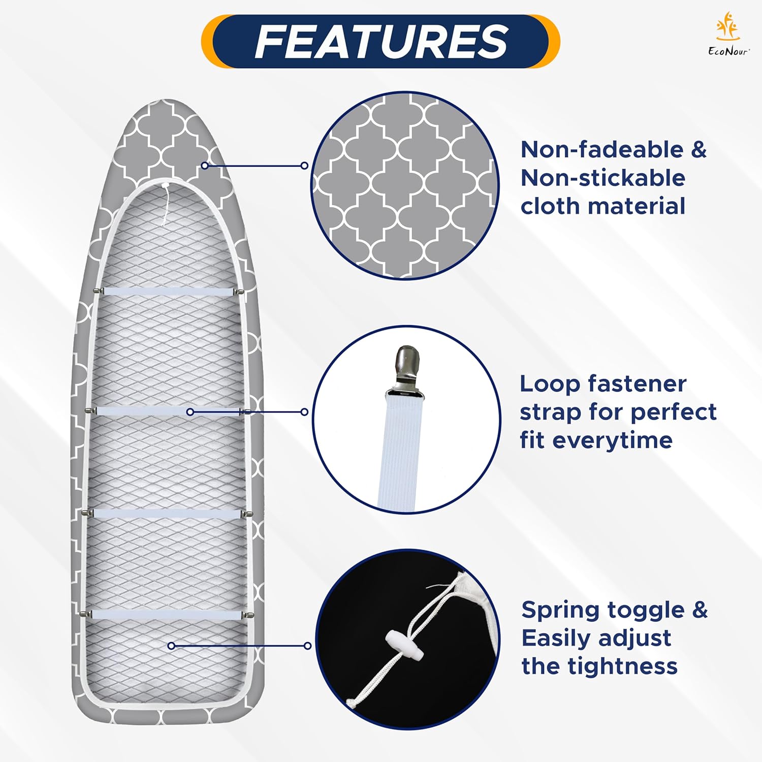 EcoNour Ironing Board Covers 124 x 38 cm Extra Thick 7mm Padding, 100% Cotton Top Covers Easy-Fit for Protecting Ironing Board Cover Complete Set with 4 Strings and Scorch Resistant Padding - Large