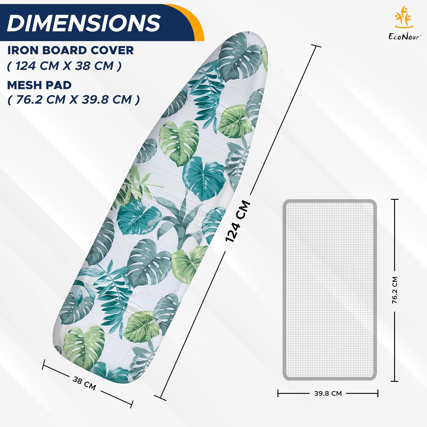 EcoNour Ironing Board Covers 124 x 38 cm Extra Thick 7mm Padding, 100% Cotton Top Covers Easy-Fit for Protecting Ironing Board Cover Complete Set with 4 Strings and Scorch Resistant Padding - Large