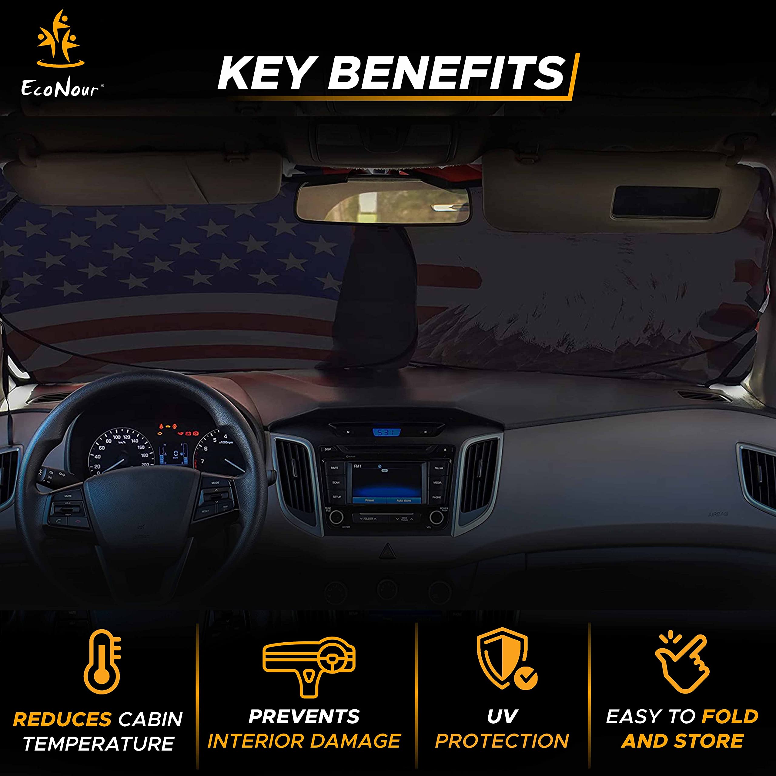 Foldable American Flag Windshield Sun Shade for cars, trucks, and SUVs