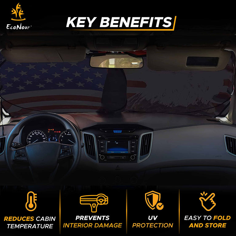 Foldable American Flag Windshield Sun Shade for cars, trucks, and SUVs