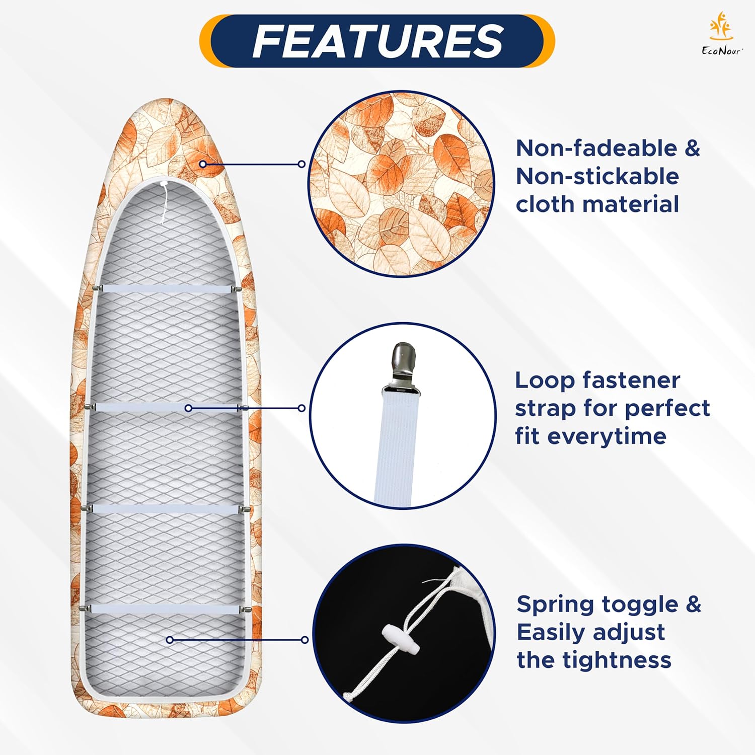 EcoNour Ironing Board Covers 124 x 38 cm Extra Thick 7mm Padding, 100% Cotton Top Covers Easy-Fit for Protecting Ironing Board Cover Complete Set with 4 Strings and Scorch Resistant Padding - Large