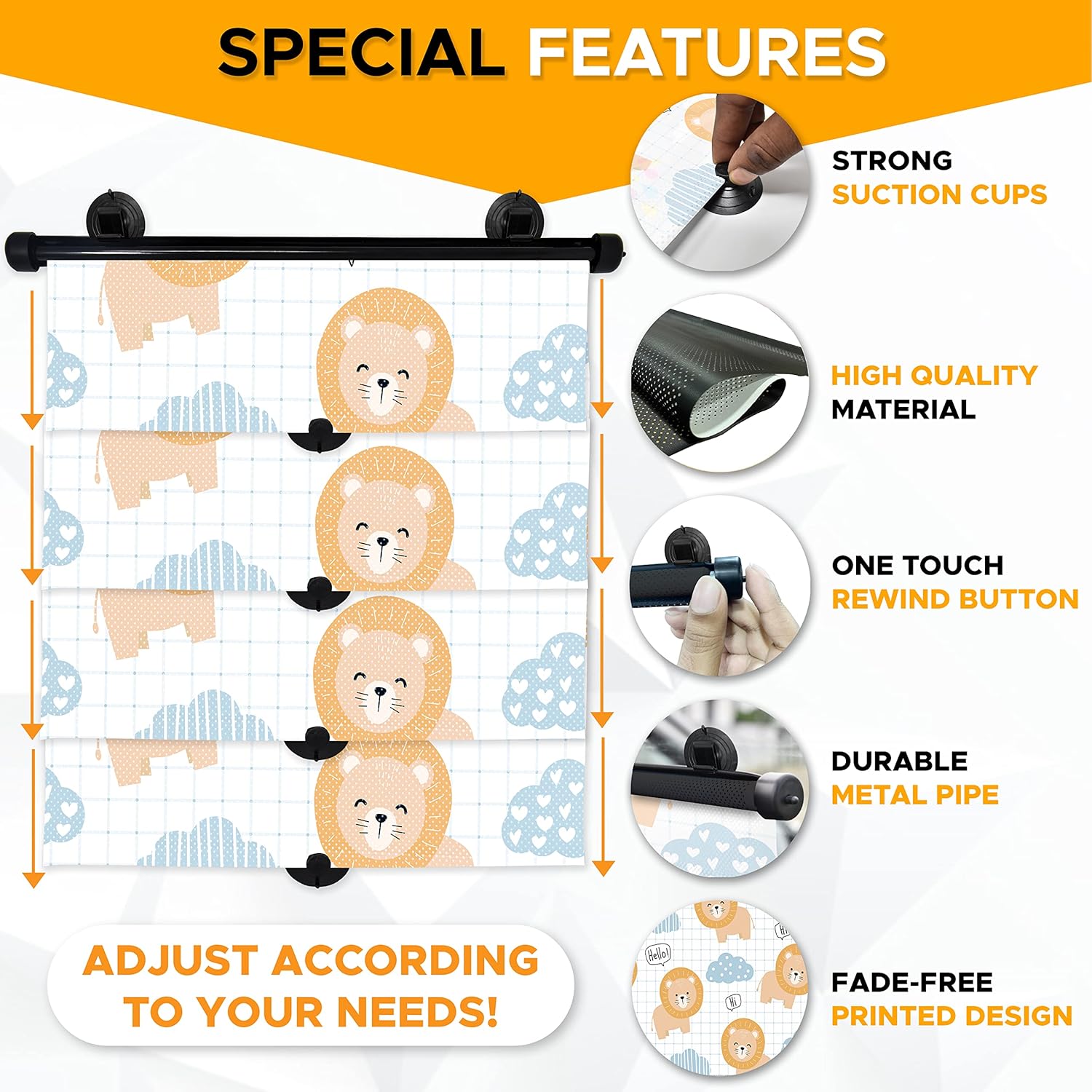 EcoNour Car Window Shade for Baby (2 Pack) | Retractable Printed Car Window Screen for Complete Protection | Enchanting Lions Prints (15