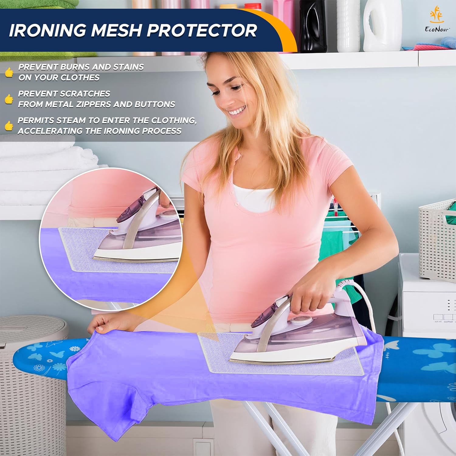 EcoNour Ironing Board Covers 124 x 38 cm Extra Thick 7mm Padding, 100% Cotton Top Covers Easy-Fit for Protecting Ironing Board Cover Complete Set with 4 Strings - Large