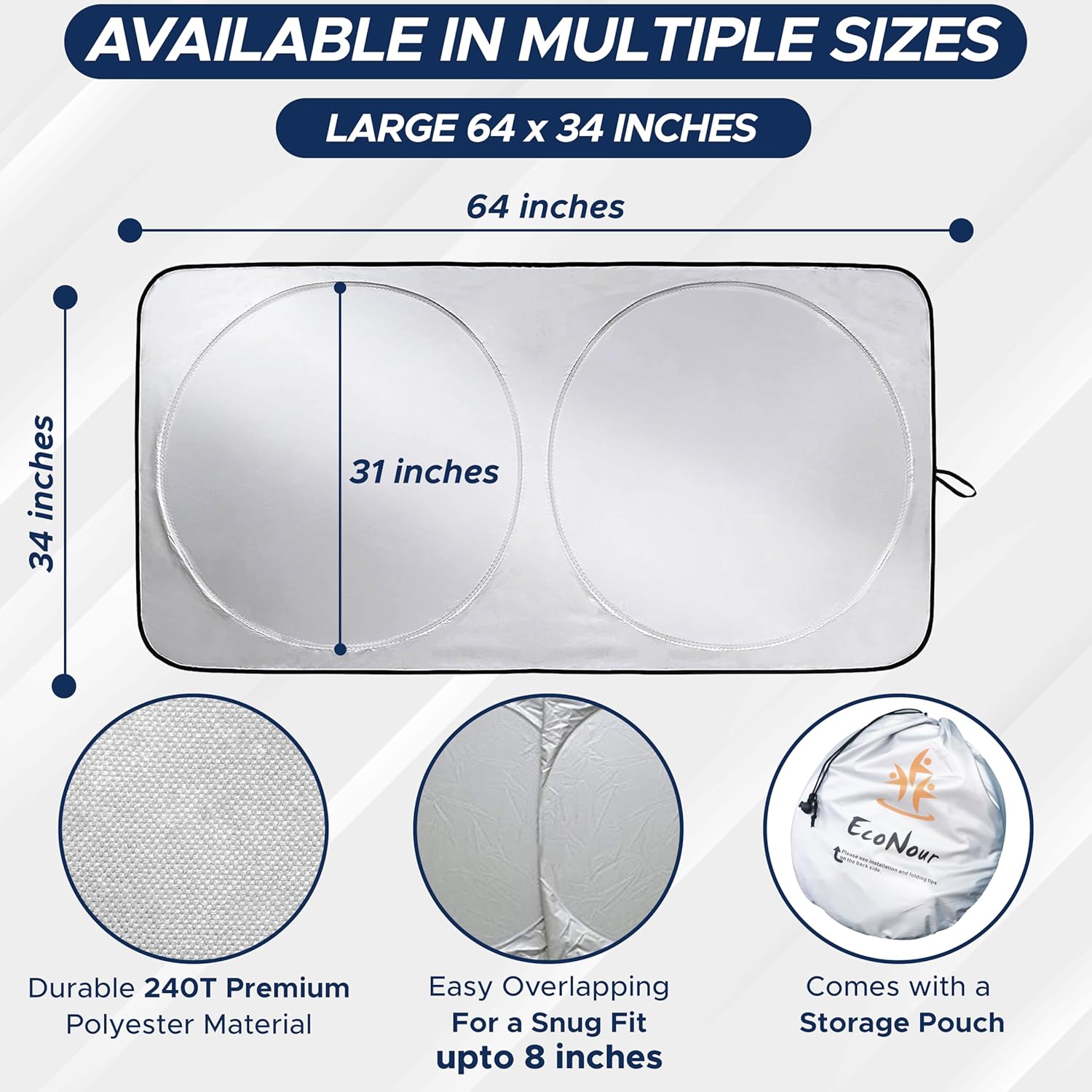 EcoNour Car Windshield Sun Shade with Storage Pouch | Durable 240T Material Car Sun Visor for UV Rays, Sun Heat Protection | Car Interior Accessories for Sun Heat | Medium Plus (64 inches x 34 inches)