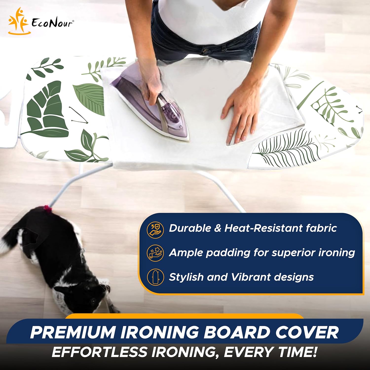 EcoNour Ironing Board Covers 124 x 38 cm Extra Thick 7mm Padding, 100% Cotton Top Covers Easy-Fit for Protecting Ironing Board Cover Complete Set with 4 Strings and Scorch Resistant Padding - Large