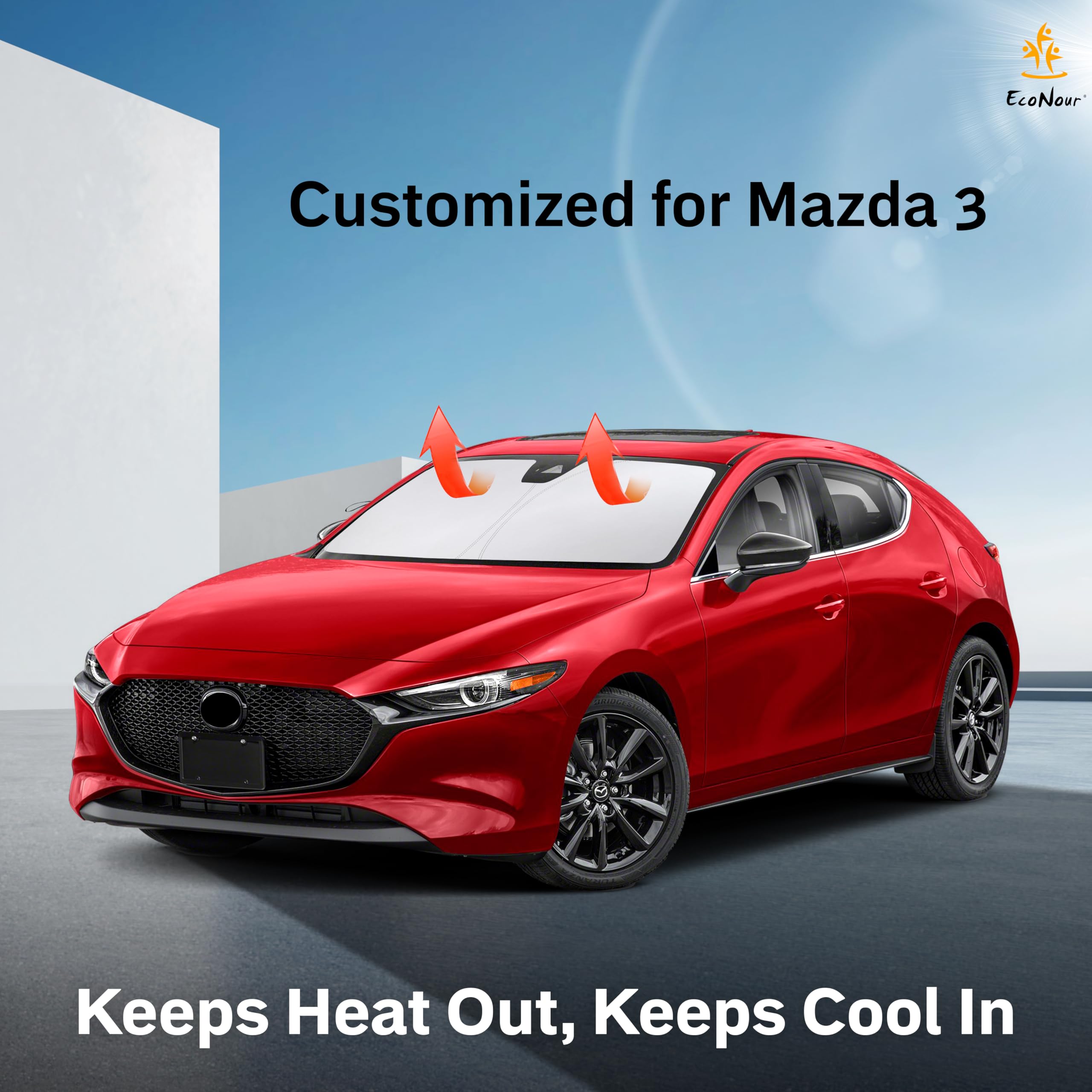 Mazda 3 windshield sun shade by EcoNour, protects car from sun heat and UV damage
