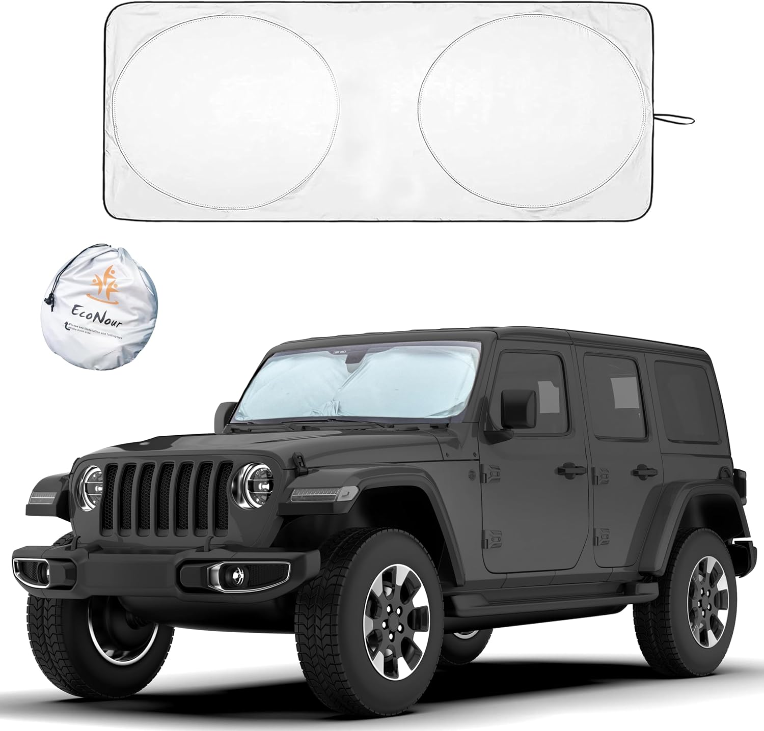 EcoNour Jeep Windshield Sunshade | Sun Visor to Protect UV Rays and Heat Glare | Jeep Accessories Cover | Fits for Wrangler, Gladiator, and Rubicon Models | Jeep Sunshade - X-Small 60 x 21 inches