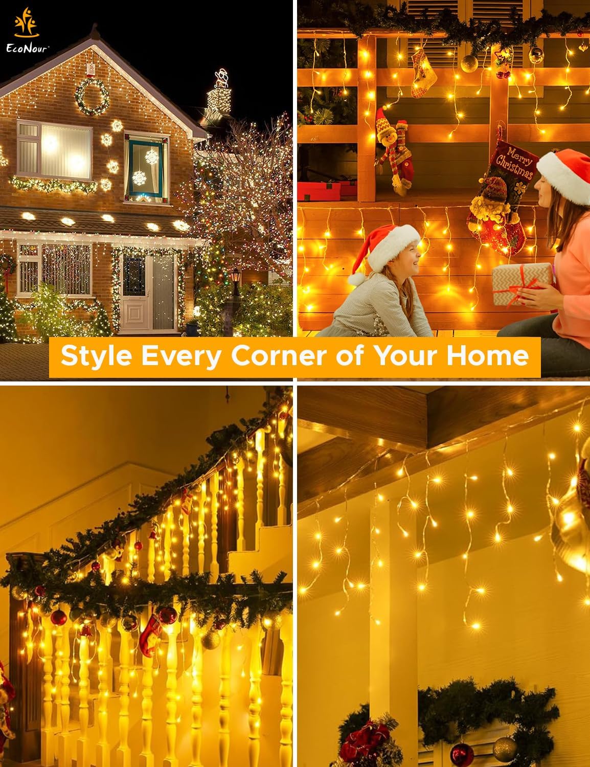 EcoNour Icicle Lights for Outside | 2000 LED Icicle Christmas Lights Outdoor with 8 Modes, Connectable String Light with Timer, Memory Function, Waterproof Twinkle Outdoor Christmas lights- Warm White