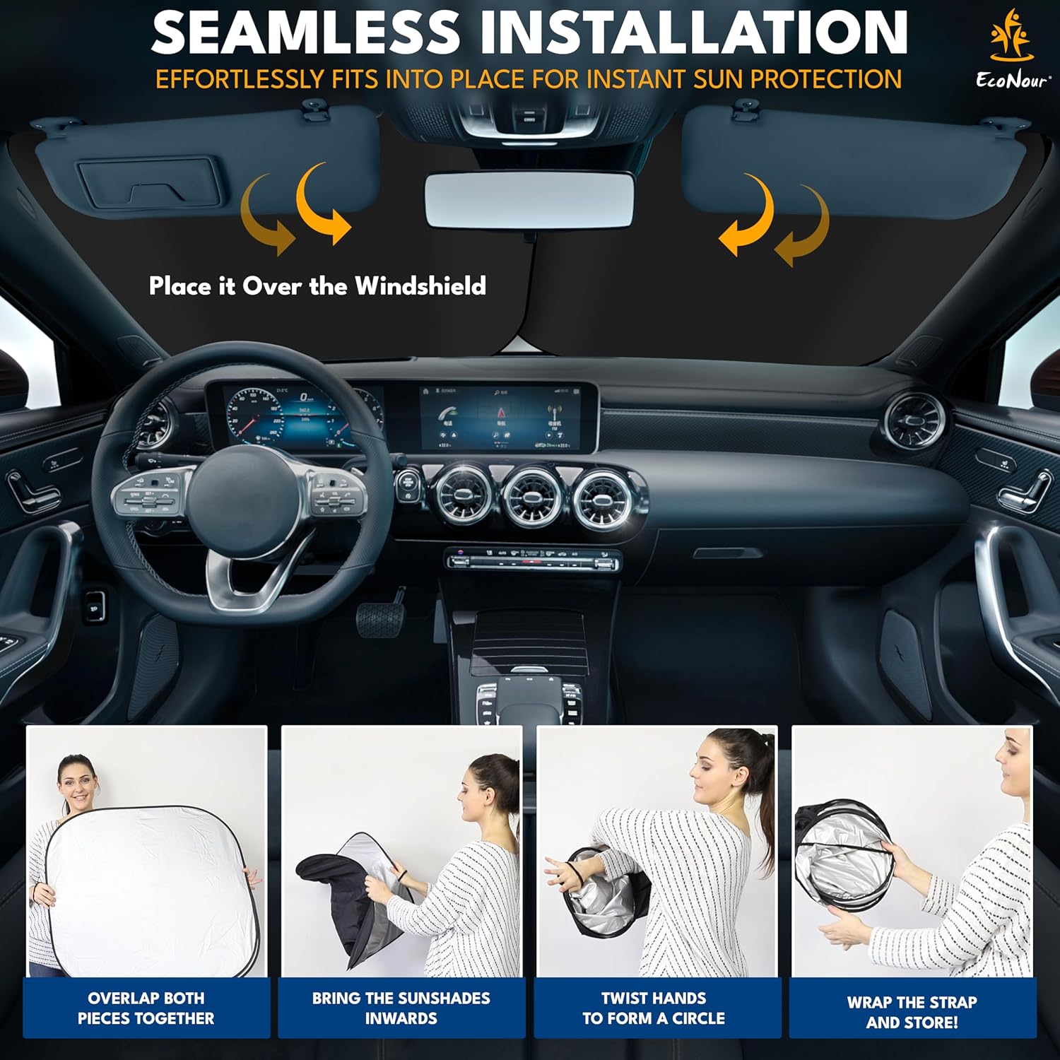 EcoNour Car Windshield Sun Shade (2 Pieces) - 32.5 x 36 inches Car Sun Shade Made of Durable 240T Reflective Polyester Blocks Heat and UV Rays - Large Foldable Windshield Sun Shade Car Accessories