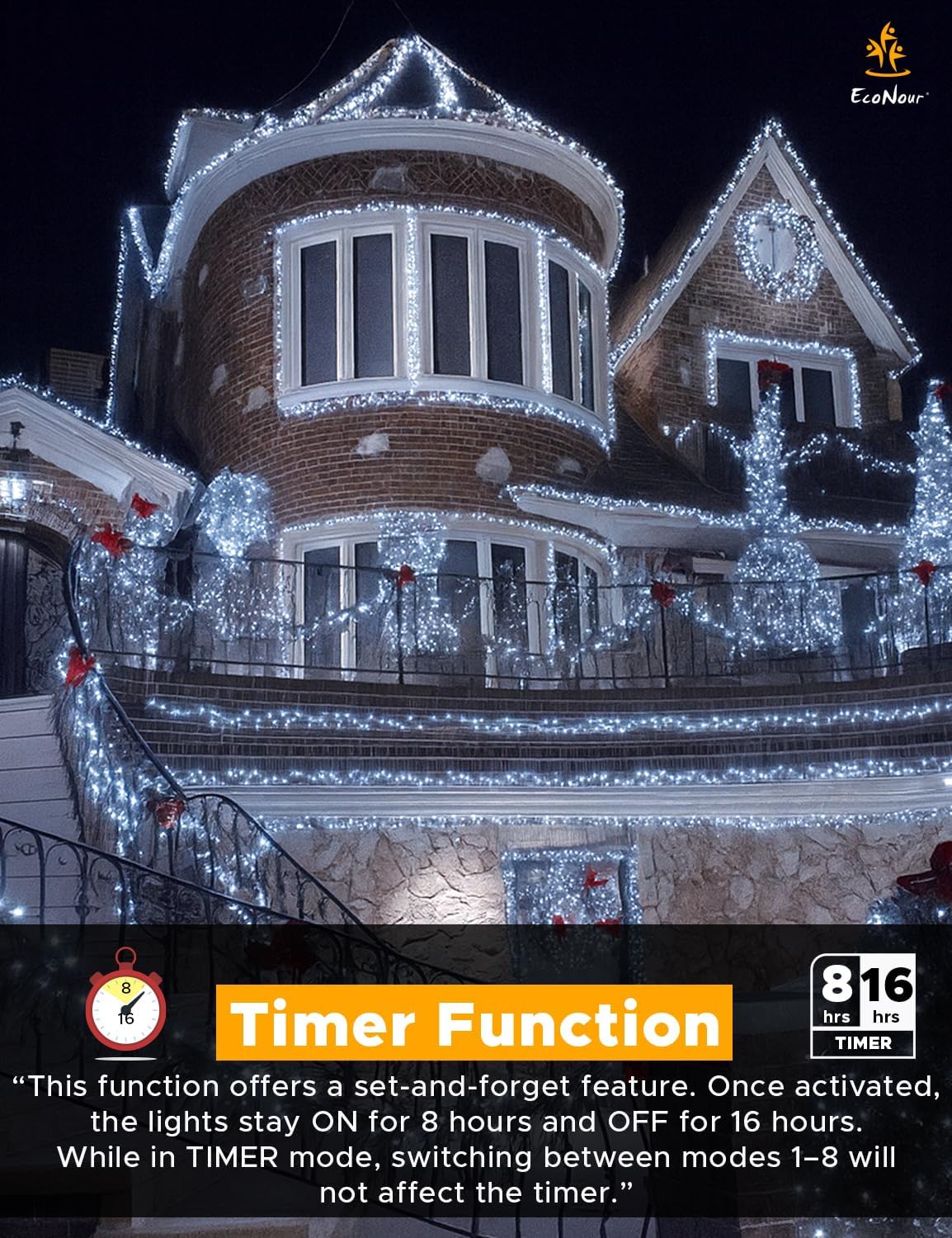 EcoNour 52Ft 480 LED Cluster Twinkle Lights for Christmas Tree, 8 Modes String Lights for Decoration with Timer and Memory Function, Elegant Cool White Fairy Lights for Magical Home & Indoor