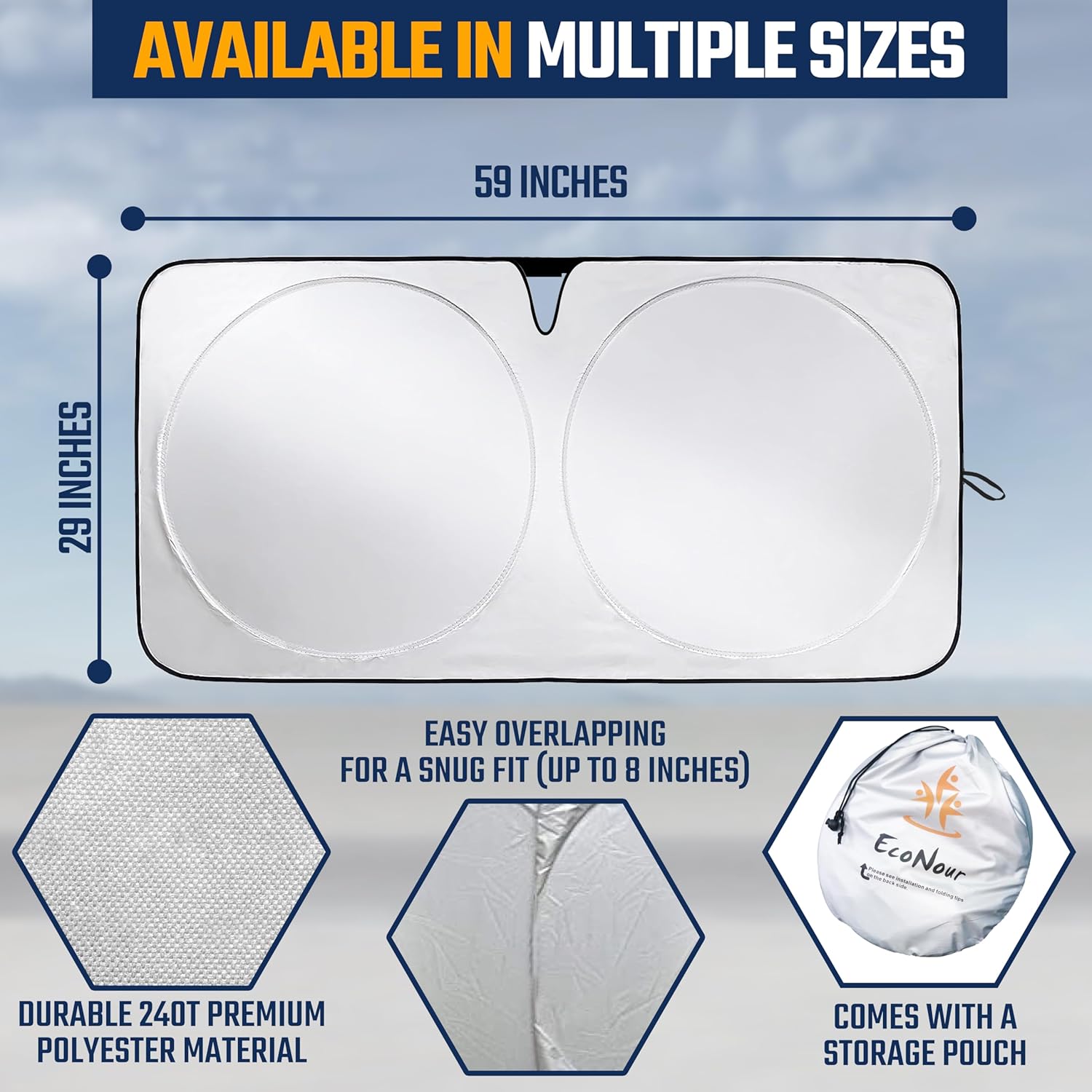 EcoNour Car Windshield Sun Shade with Mirror Cut-Out | Durable 240T Material Car Sun Visor for UV Rays and Sun Heat Protection | Car Interior Accessories for Cooler Interior | Small (59