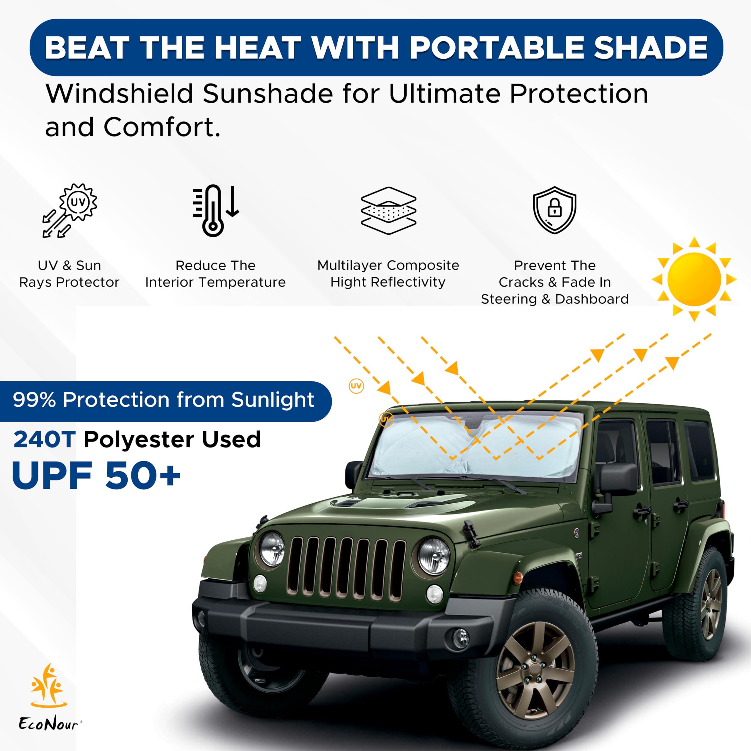 Jeep Wrangler Windshield Sunshade – Blocks Sun Glare & UV Rays