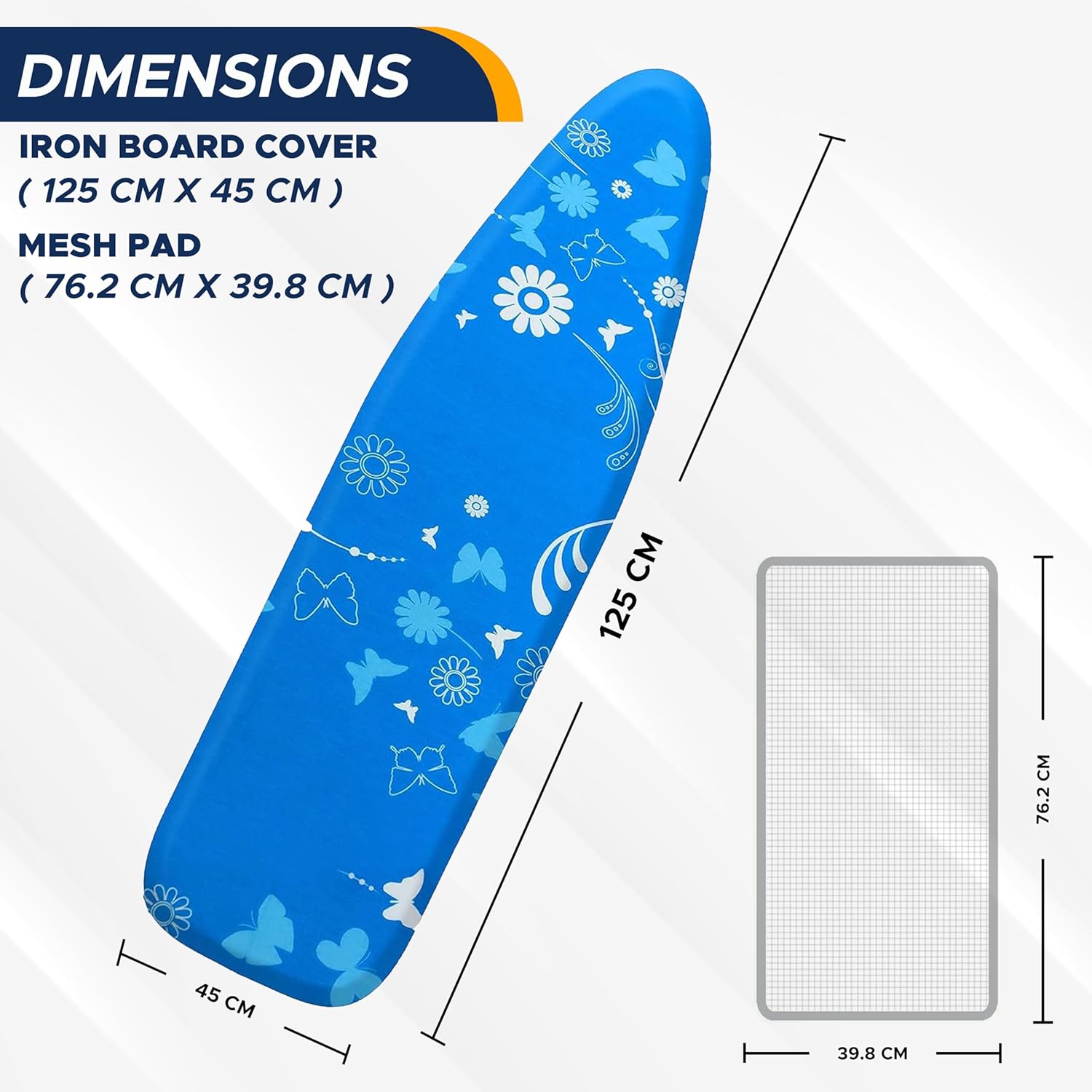 EcoNour Ironing Board Covers 124 x 38 cm Extra Thick 7mm Padding, 100% Cotton Top Covers Easy-Fit for Protecting Ironing Board Cover Complete Set with 4 Strings - Large