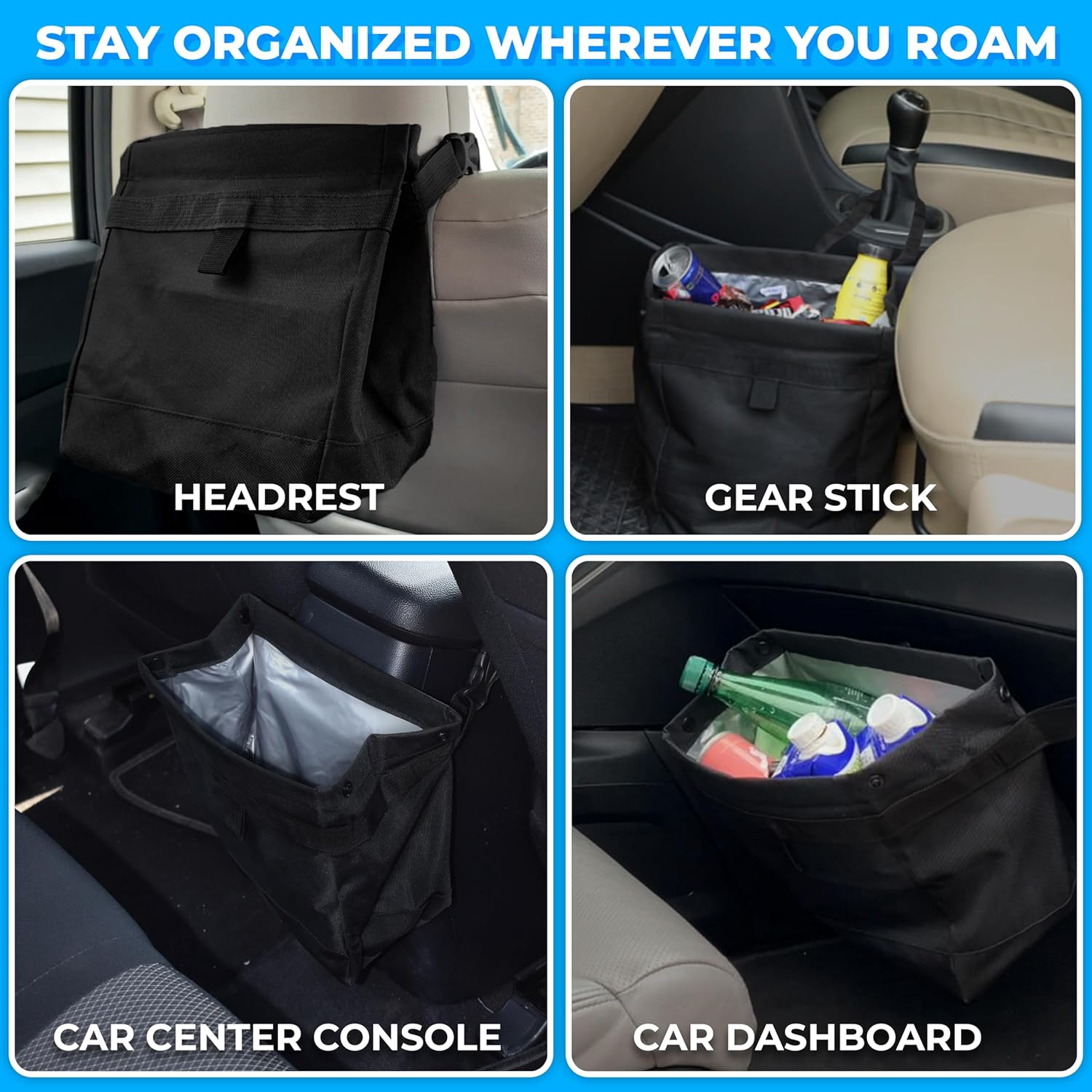 EcoNour Car Trash Can (Large) | Car Trash Bag Hanging with Elastic Opening & Easy Mount | Car Garbage Can with Waterproof Oxford Material | Cute Car Accessories for Camping, Traveling & Outdoor