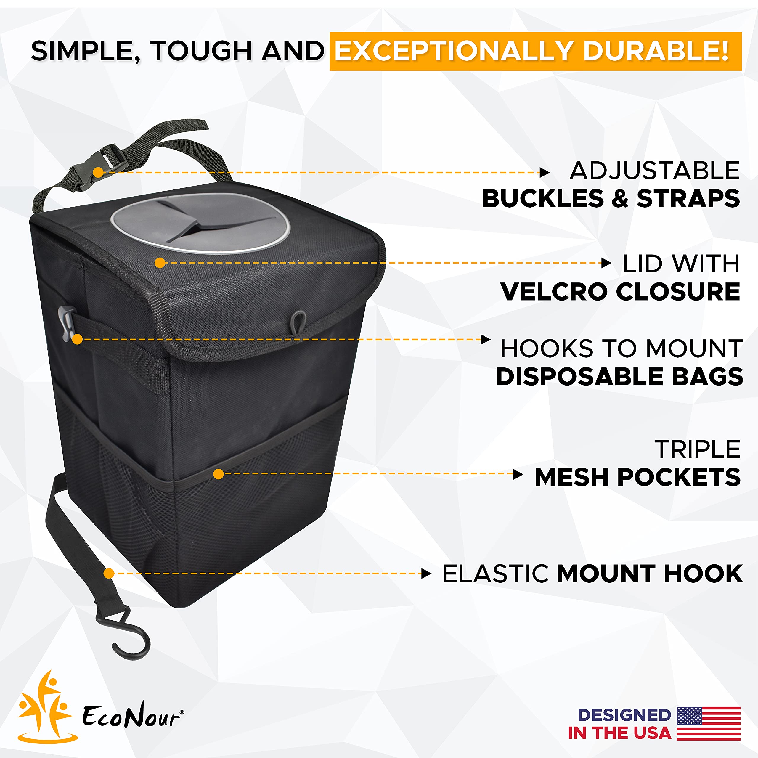 EcoNour Car Trash Can with lid in black, multipurpose storage