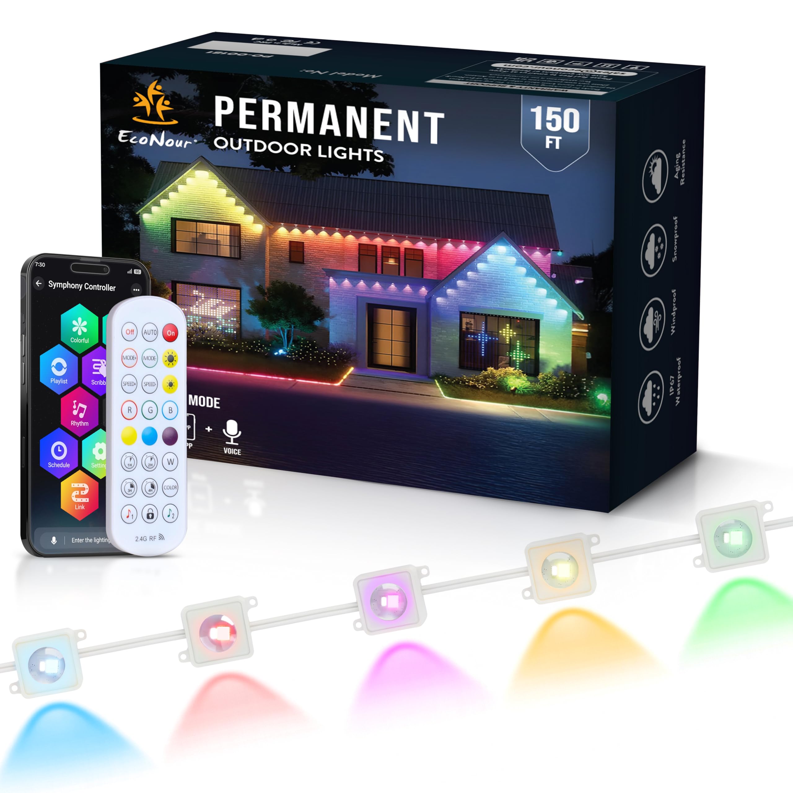 EcoNour 50 FT RGB LED Permanent Outdoor Lights | Smart Waterproof LED Eaves Lights with App & Remote Control | Music Sync, RGB Colorful Light | Alexa Smart Christmas Light for Decorations