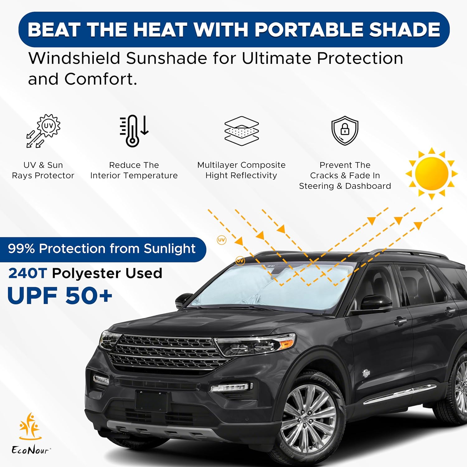 EcoNour Car Front Windshield Sun Shade | Durable 240T Material Sun Visor for UV Rays and Sun Heat Protection | Car Interior Accessories for Cooler Interior | Large (64