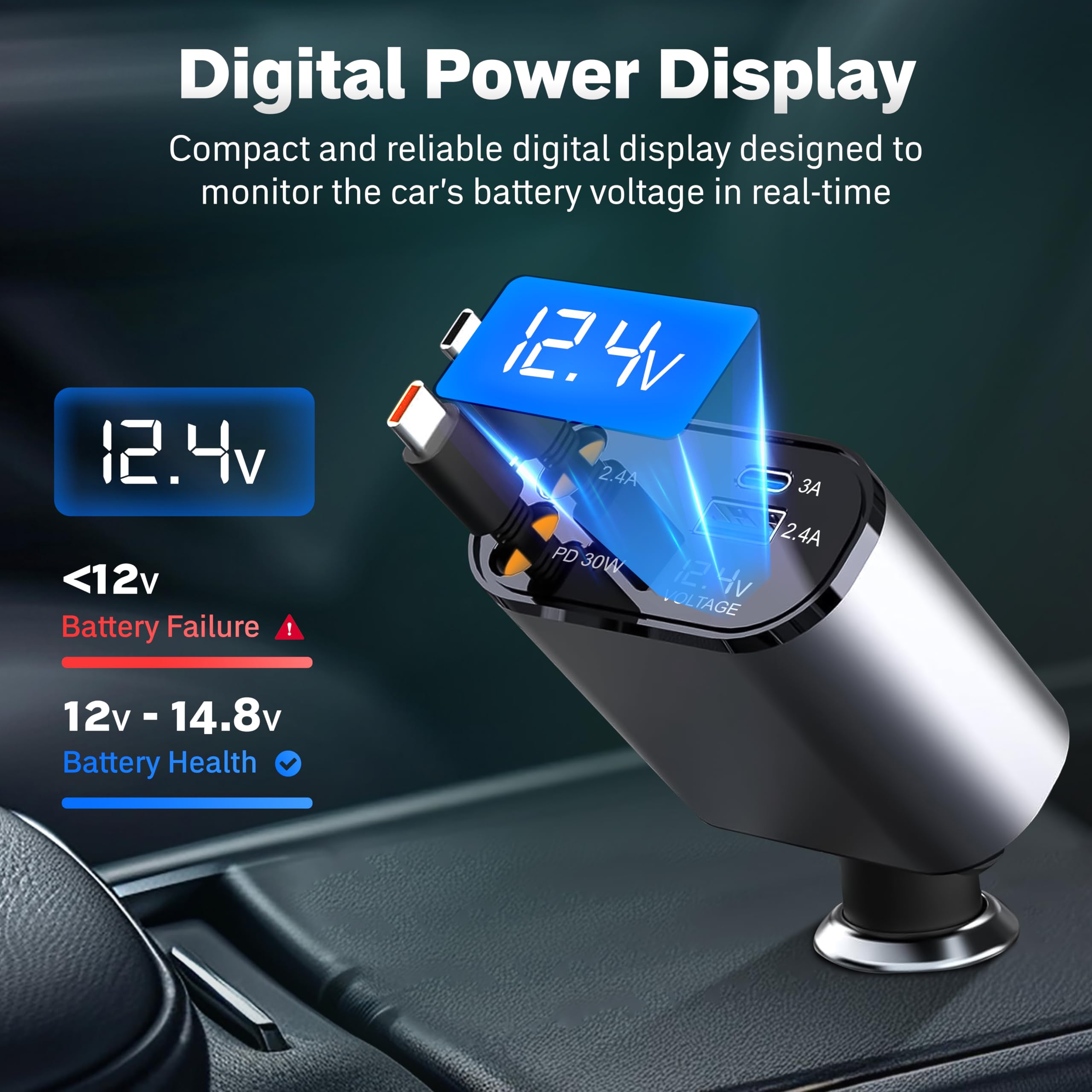 4-in-1 Car Charger with retractable cord for easy use