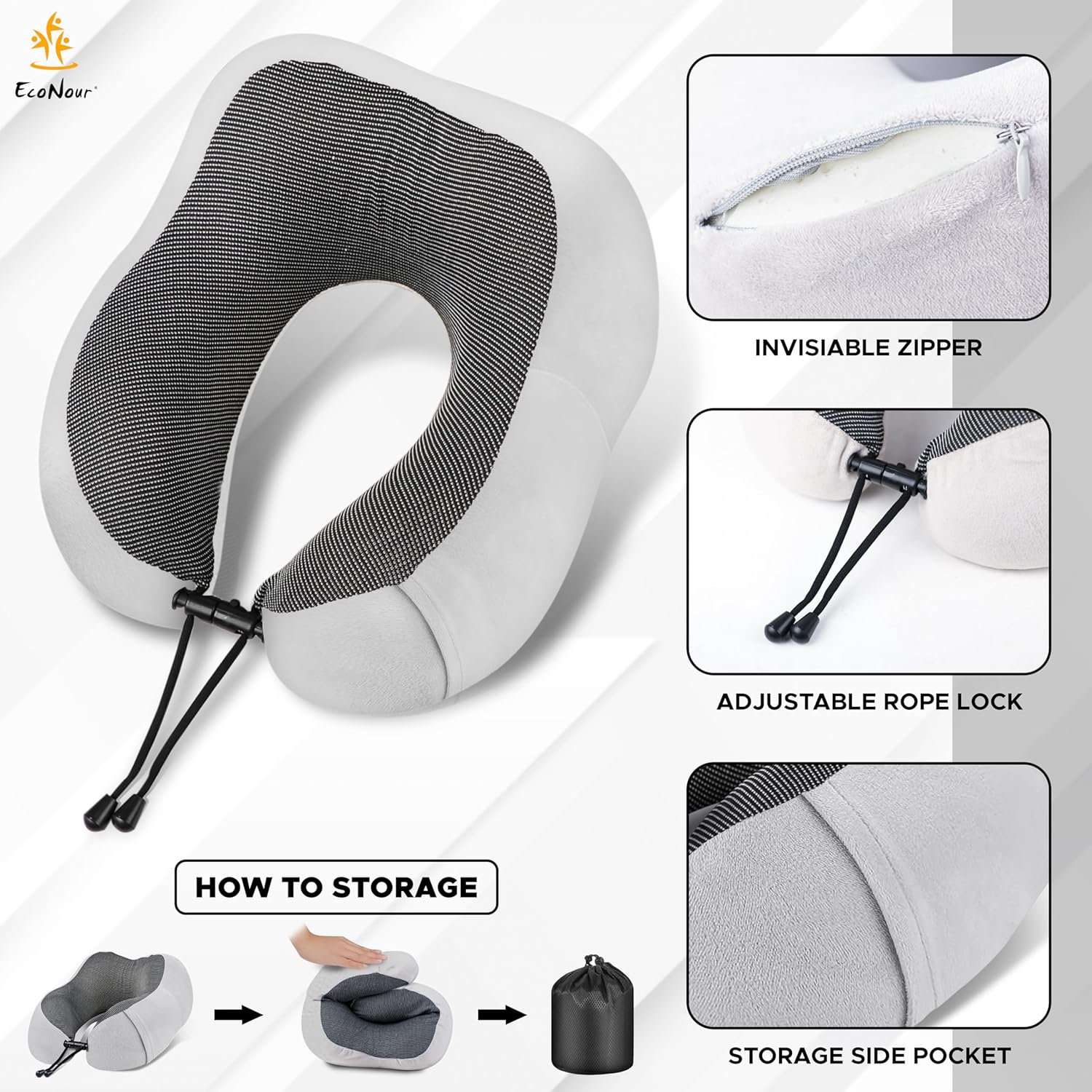 EcoNour Soft Travel Neck Pillow Set | Soft and Comfortable for Airplanes| Includes Eye Masks, Earplugs, & Mesh Bag | Neck Support with Adjustable Rope Memory Foam Support with Zipper