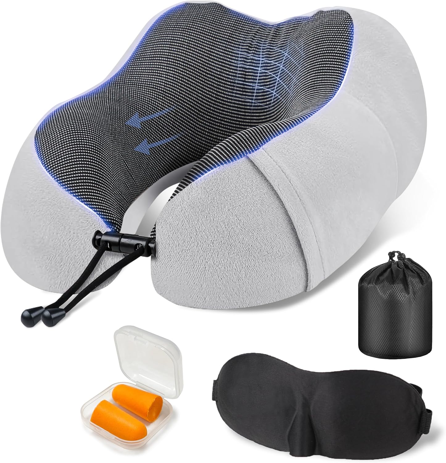 EcoNour Soft Travel Neck Pillow Set | Soft and Comfortable for Airplanes| Includes Eye Masks, Earplugs, & Mesh Bag | Neck Support with Adjustable Rope Memory Foam Support with Zipper