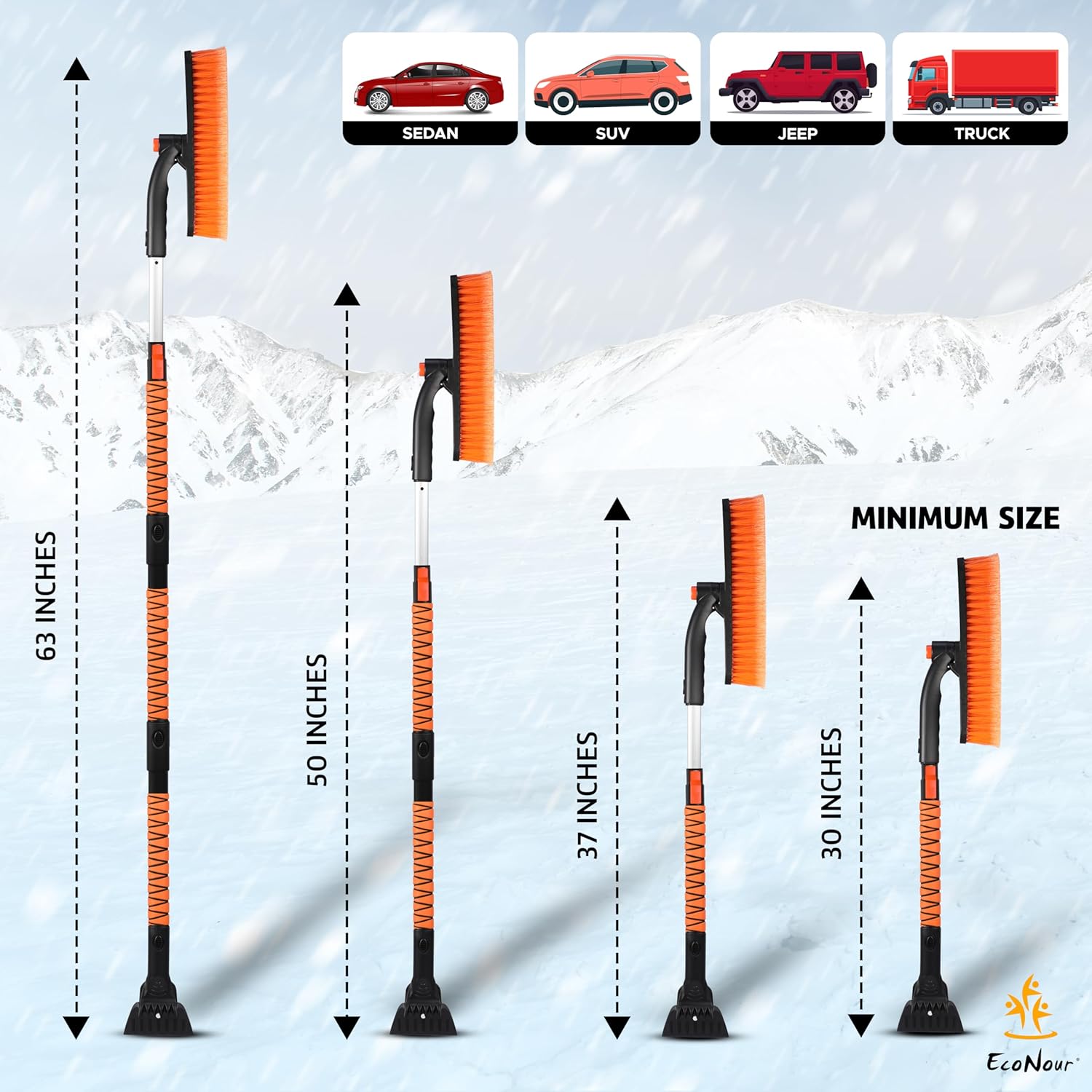 EcoNour 63" Extendable Snow Brush & Ice Scraper with 360° Pivoting Head – Telescopic Aluminum Handle