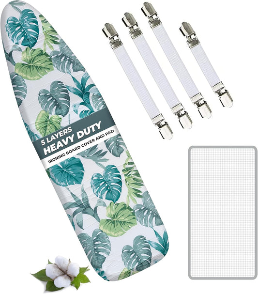 EcoNour Ironing Board Covers 124 x 38 cm Extra Thick 7mm Padding, 100% Cotton Top Covers Easy-Fit for Protecting Ironing Board Cover Complete Set with 4 Strings and Scorch Resistant Padding - Large