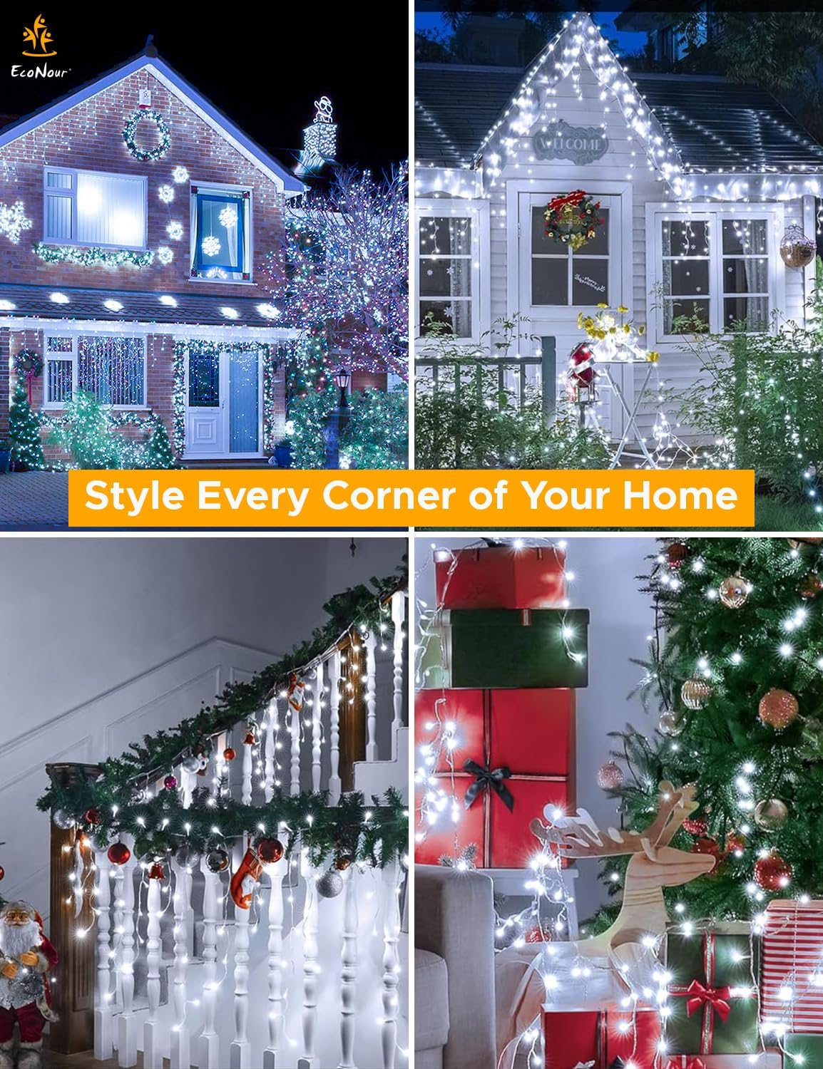 EcoNour Icicle Lights for Outside | 240 LED Icicle Christmas Lights Outdoor with 8 Modes, Connectable String Light with Timer, Memory Function, Waterproof Twinkle Outdoor Christmas lights - Cool White