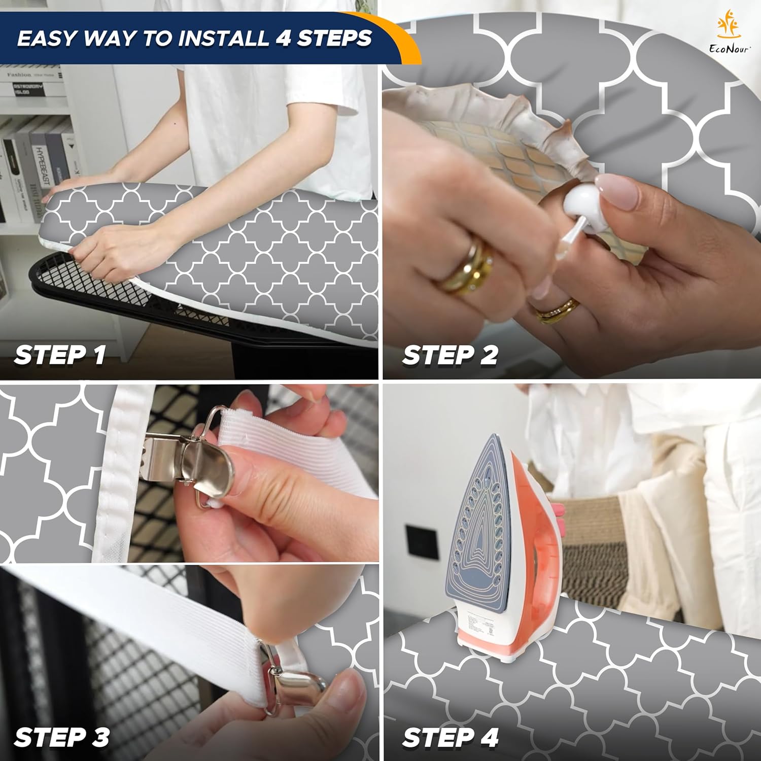 EcoNour Ironing Board Covers 124 x 38 cm Extra Thick 7mm Padding, 100% Cotton Top Covers Easy-Fit for Protecting Ironing Board Cover Complete Set with 4 Strings and Scorch Resistant Padding - Large