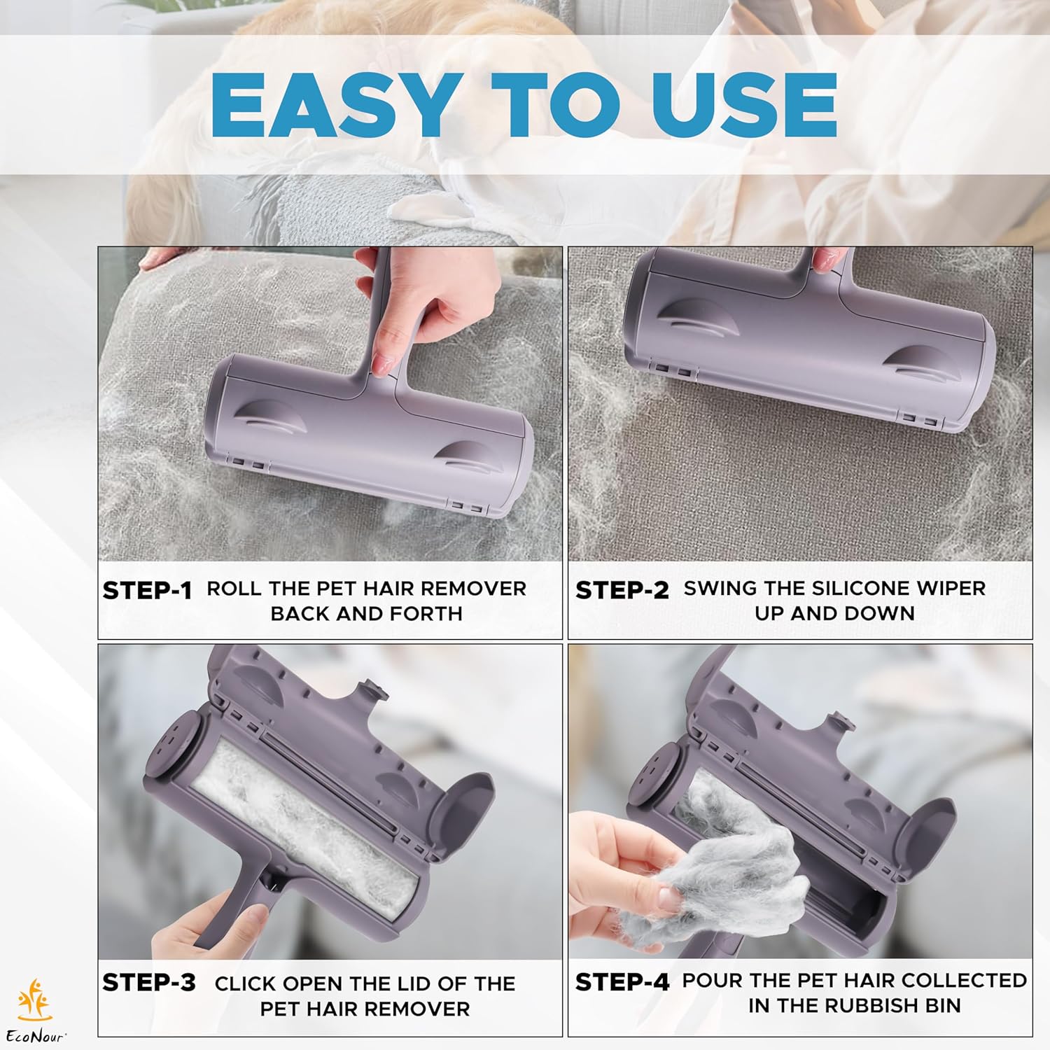 EcoNour Pet Hair Remover Roller | Cat & Dog Hair Remover | Resuable Pet Hair Remover Brush | Self Clean Lint Roller for Pet Hair | Pet Hair and Fur Remover Tool | Dog & Cat Hair Remover Couch, Carpet
