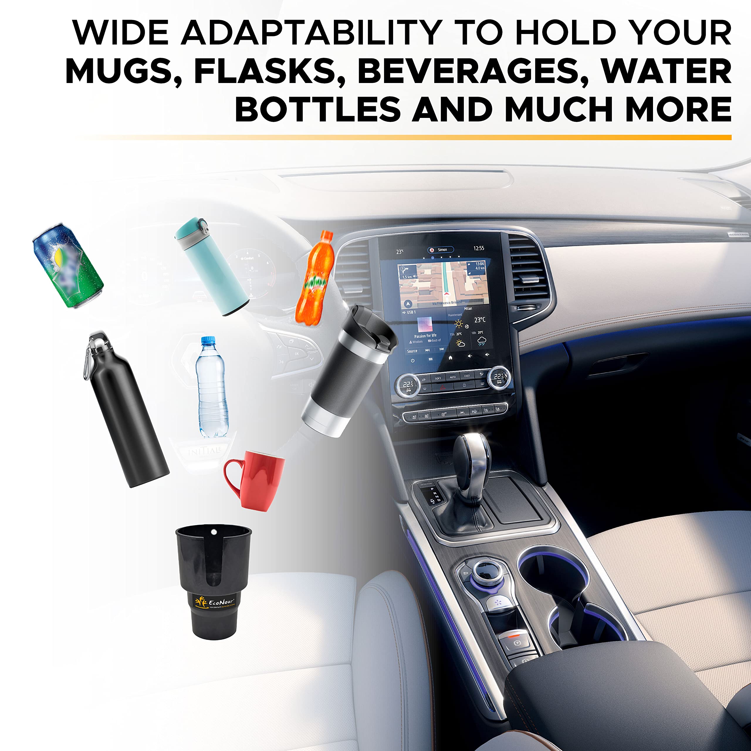 Adjustable Car Cup Holder Expander by EcoNour for large 32–40 oz bottles and coffee mugs.