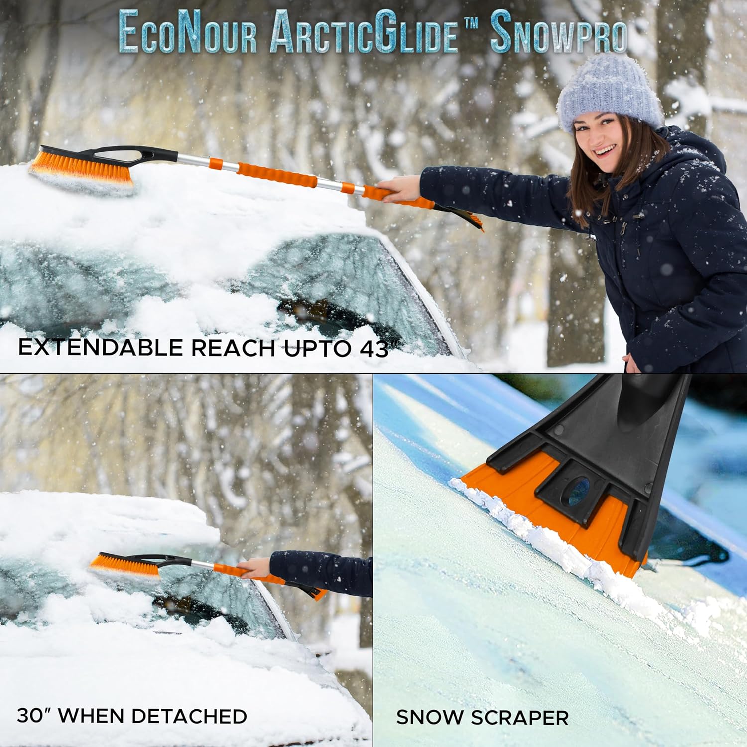 EcoNour 43 Extendable Snow Brush & Ice Scraper for Car Windshield | 3 Parts Detachable Telescopic Snow Brush for Car, Trucks, SUV | Long Snow Scraper with Brush | Car Winter Accessories