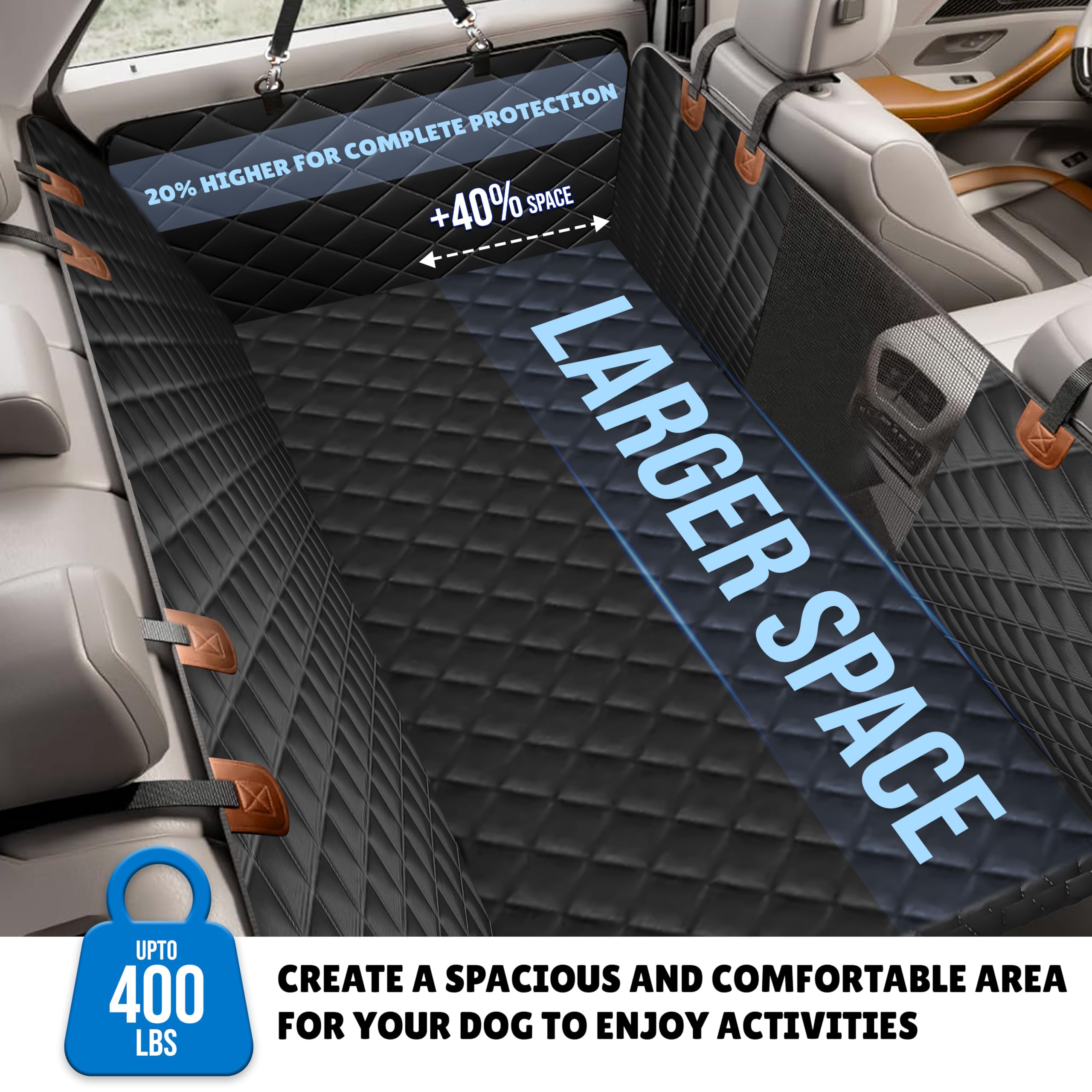 Waterproof Dog Car Seat Cover for Back Seat, EcoNour 54x65 inches pet hammock protector with side straps and durable PP boards.