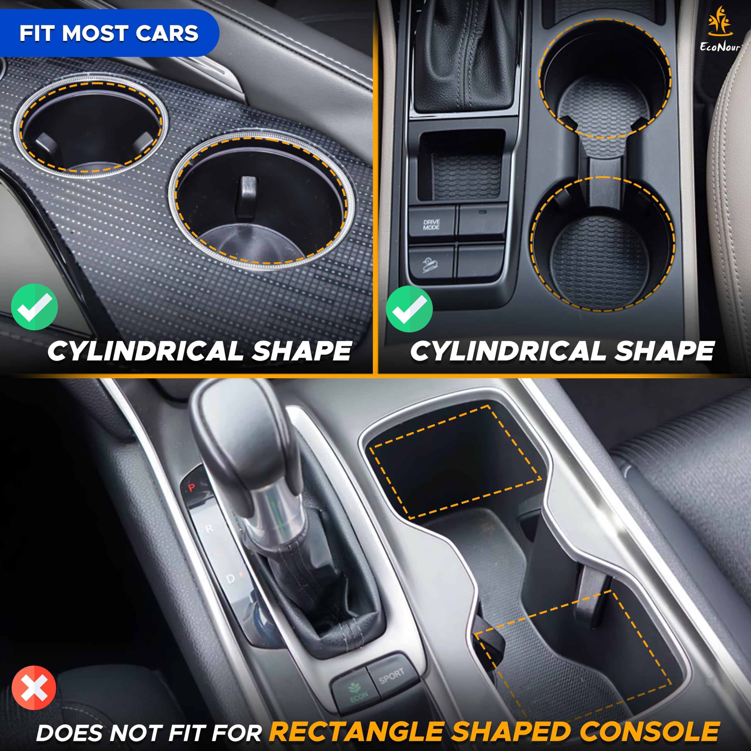 EcoNour Car Cup Holder Expander, expandable base fits large water bottles in cars.