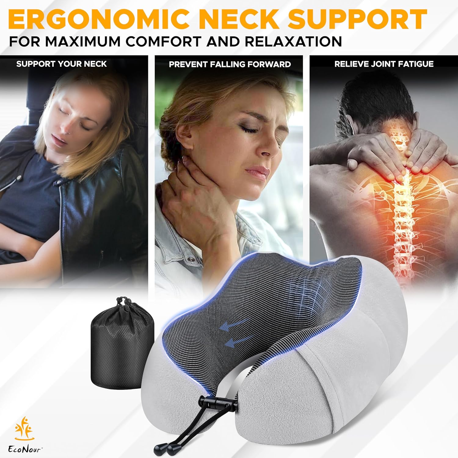 EcoNour Soft Travel Neck Pillow Set | Soft and Comfortable for Airplanes| Includes Eye Masks, Earplugs, & Mesh Bag | Neck Support with Adjustable Rope Memory Foam Support with Zipper