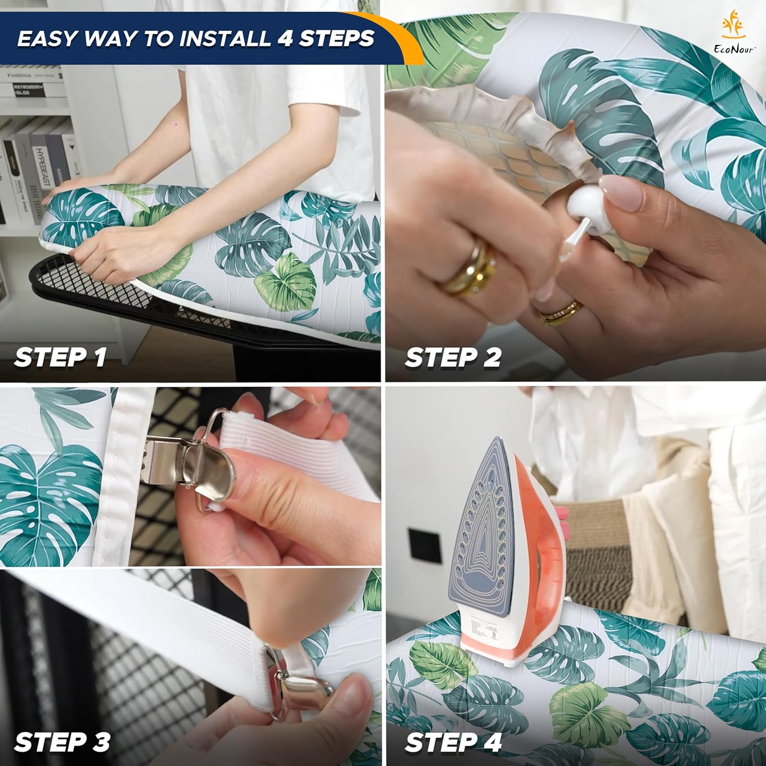 EcoNour Ironing Board Covers 124 x 38 cm Extra Thick 7mm Padding, 100% Cotton Top Covers Easy-Fit for Protecting Ironing Board Cover Complete Set with 4 Strings and Scorch Resistant Padding - Large