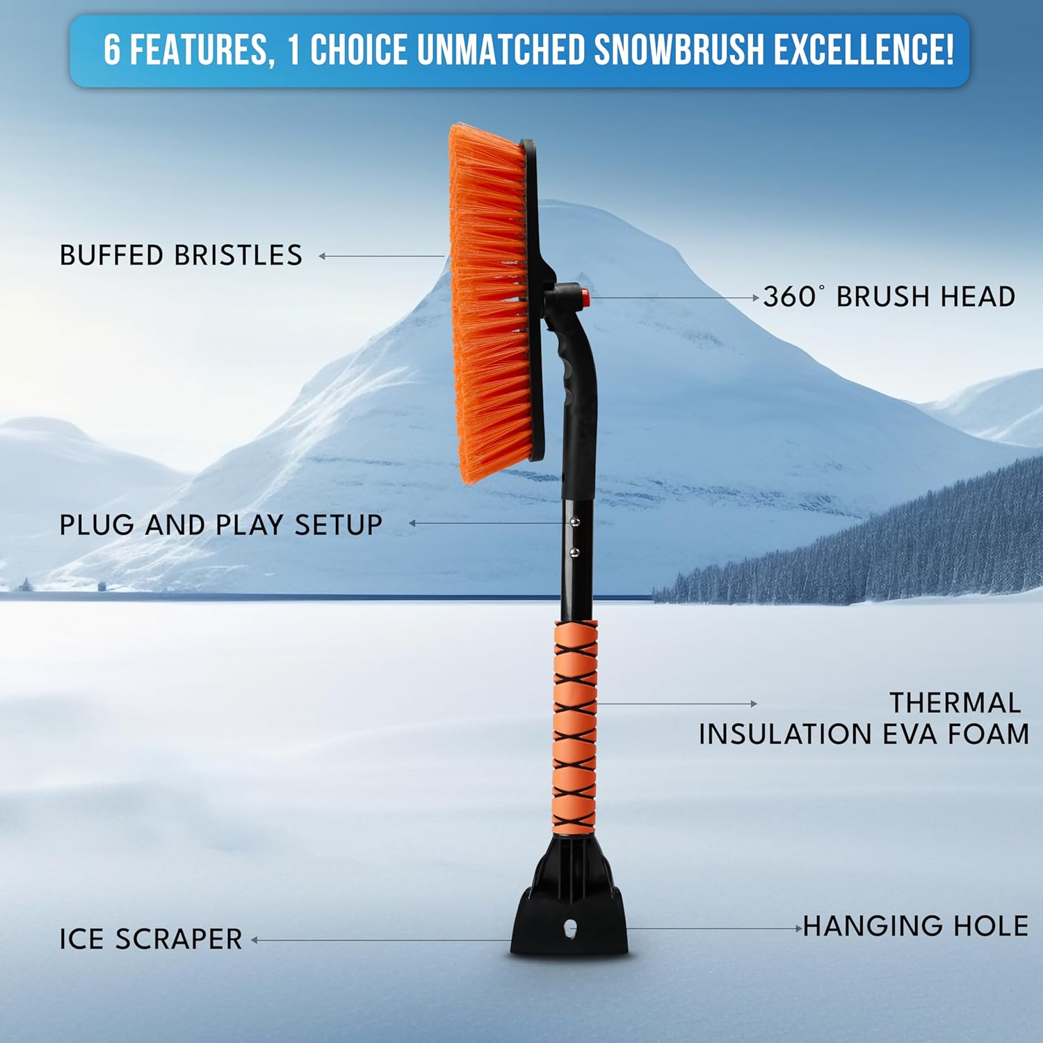 Extendable 3-in-1 Rotatable Snow Brush & Ice Scraper with Foam Grip