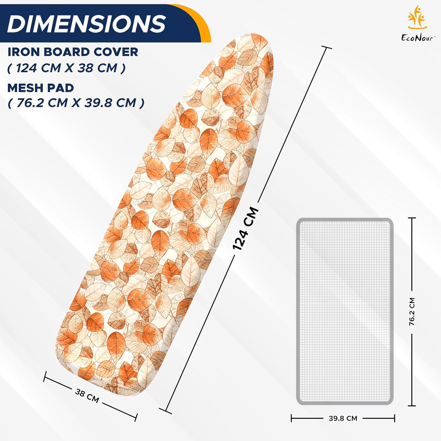EcoNour Ironing Board Covers 124 x 38 cm Extra Thick 7mm Padding, 100% Cotton Top Covers Easy-Fit for Protecting Ironing Board Cover Complete Set with 4 Strings and Scorch Resistant Padding - Large