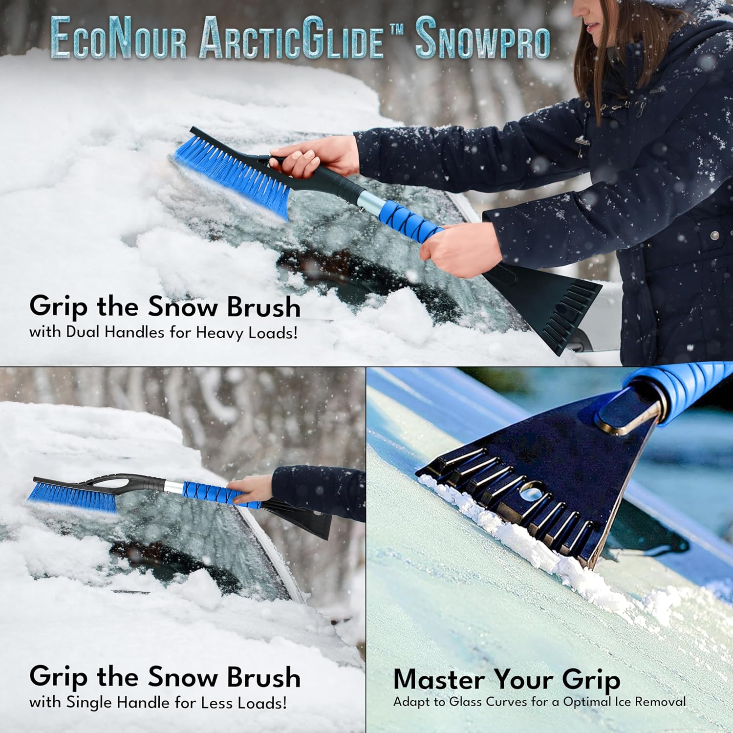 EcoNour 27" Car Snow Brush & Ice Scraper for Car Windshield (2 Pack) | Scratch Free Bristle Head Snow Brush & Tough Window Snow Scraper with Aluminium Body | Snow Removal Winter Car Accessories