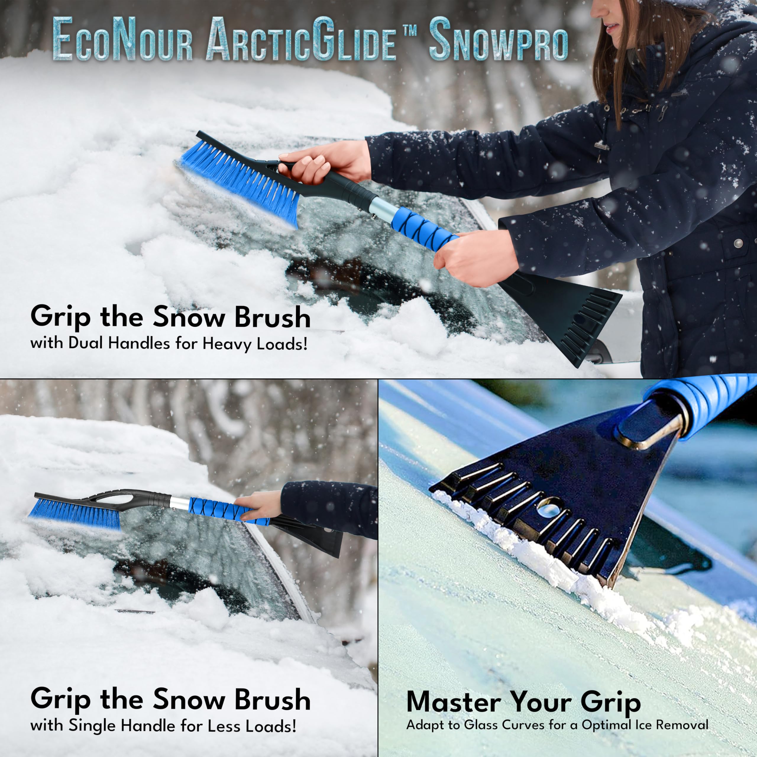 27 Inch Aluminum Car Snow Scraper and Brush Set of 4 | EcoNour Winter Car Accessory with Weaved Bristle Head and Metal Body