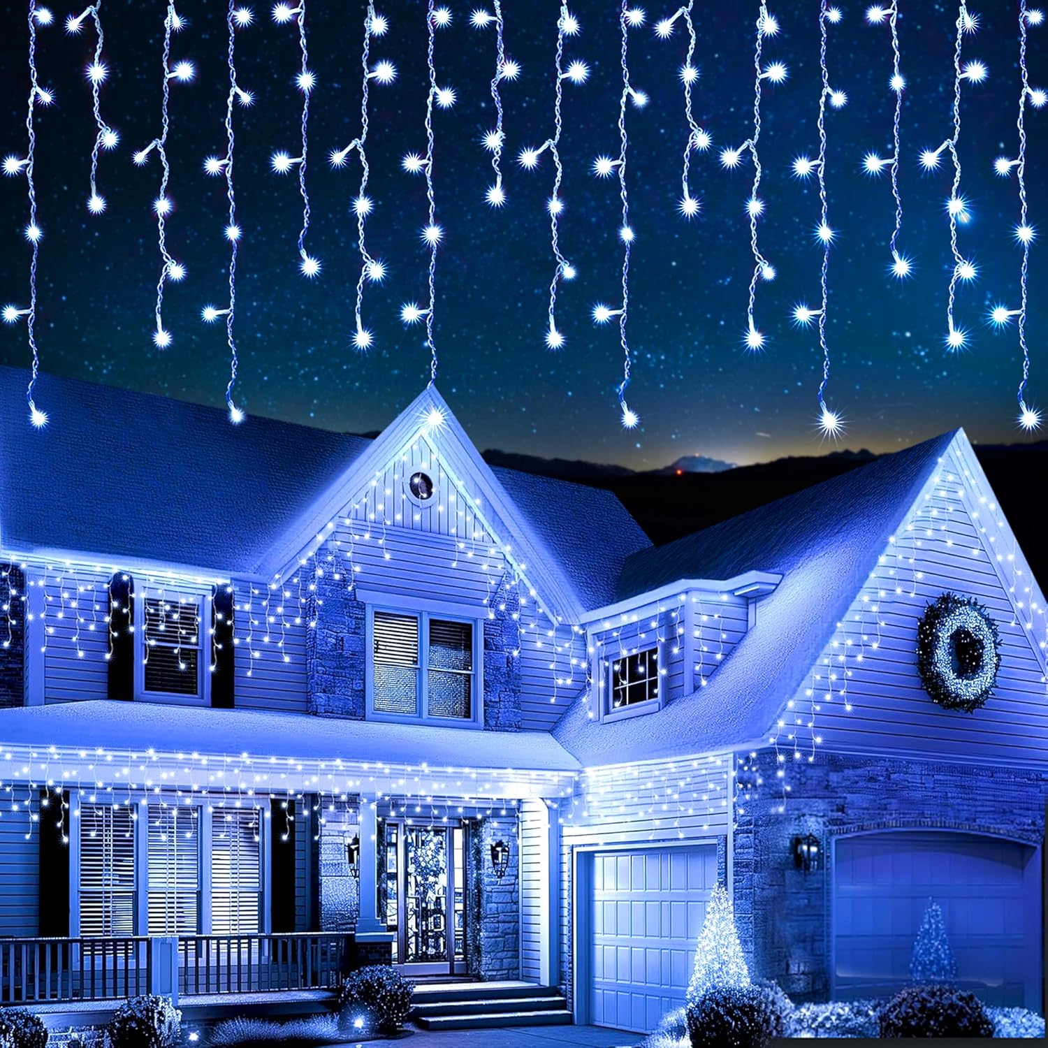 LED Cool White Icicle Christmas Lights for home exterior