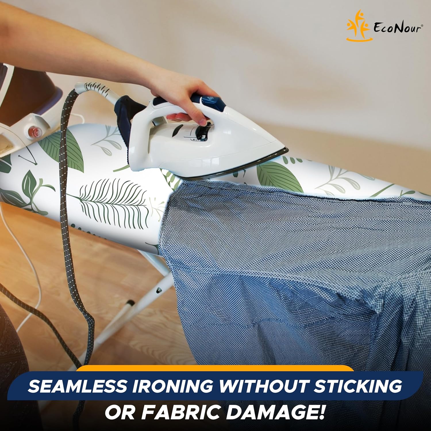 EcoNour Ironing Board Covers 124 x 38 cm Extra Thick 7mm Padding, 100% Cotton Top Covers Easy-Fit for Protecting Ironing Board Cover Complete Set with 4 Strings and Scorch Resistant Padding - Large