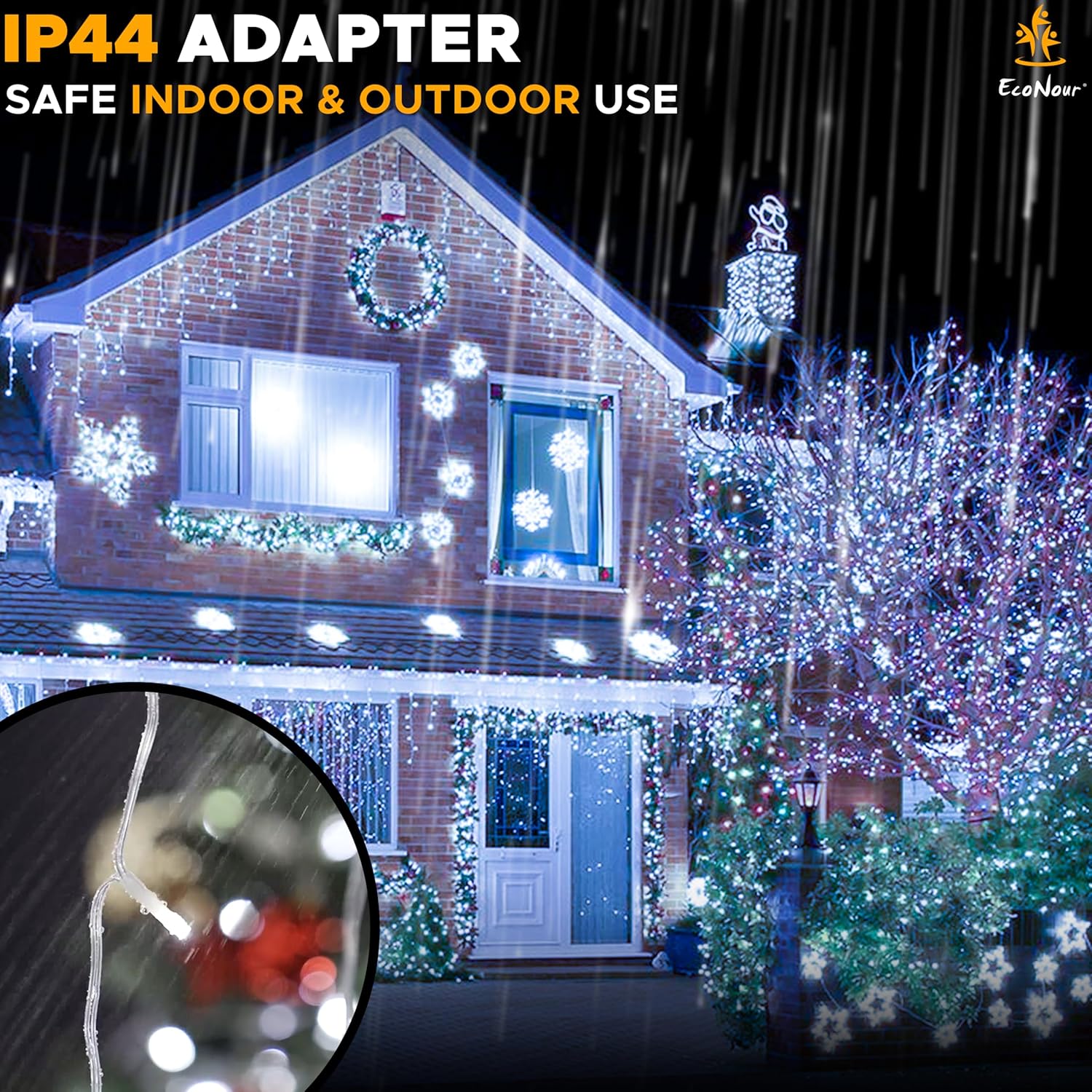 EcoNour Icicle Lights Outdoor Christmas Lights 2000 LED 60M Cool White Decorations String Fairy Lights with Timer for Xmas Garden & Party | Mains Powered Clear Cable