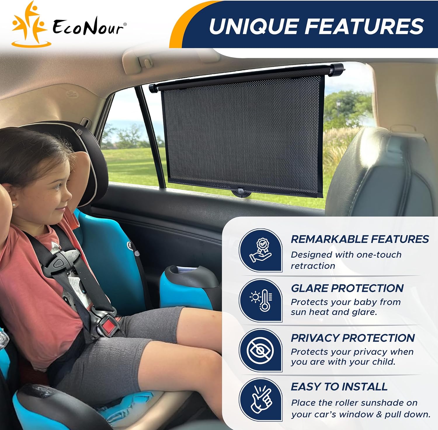 EcoNour Car Window Shades for Baby (2 Pack) 2024 Updated | Car Shades for Side Window | Comes with Enhanced Suction Cups & Large Clips for Durability | Baby Car Accessories (15