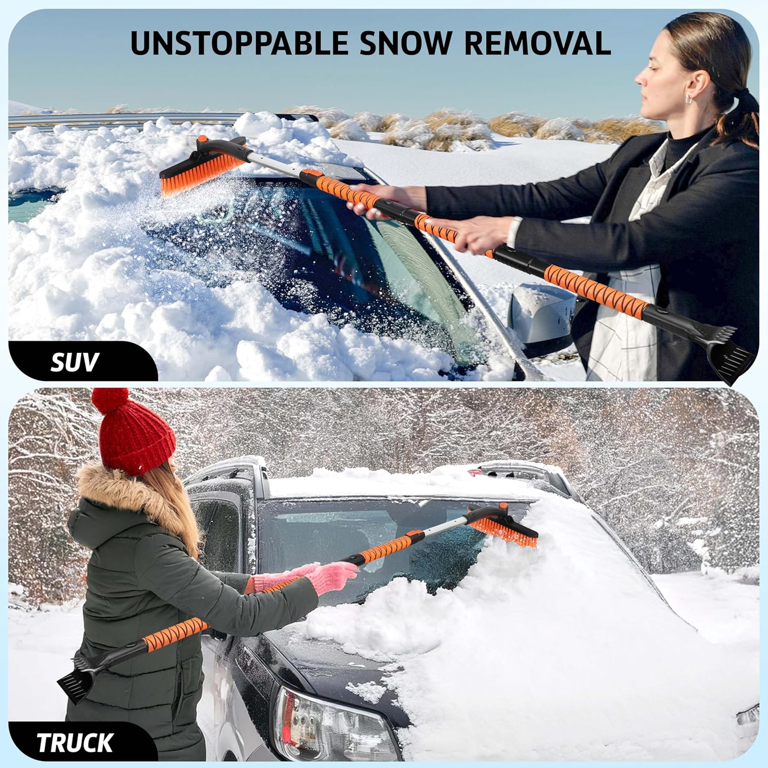 EcoNour 63" Extendable Snow Brush & Ice Scraper with 360° Pivoting Head – Roof and Windshield Cleaner