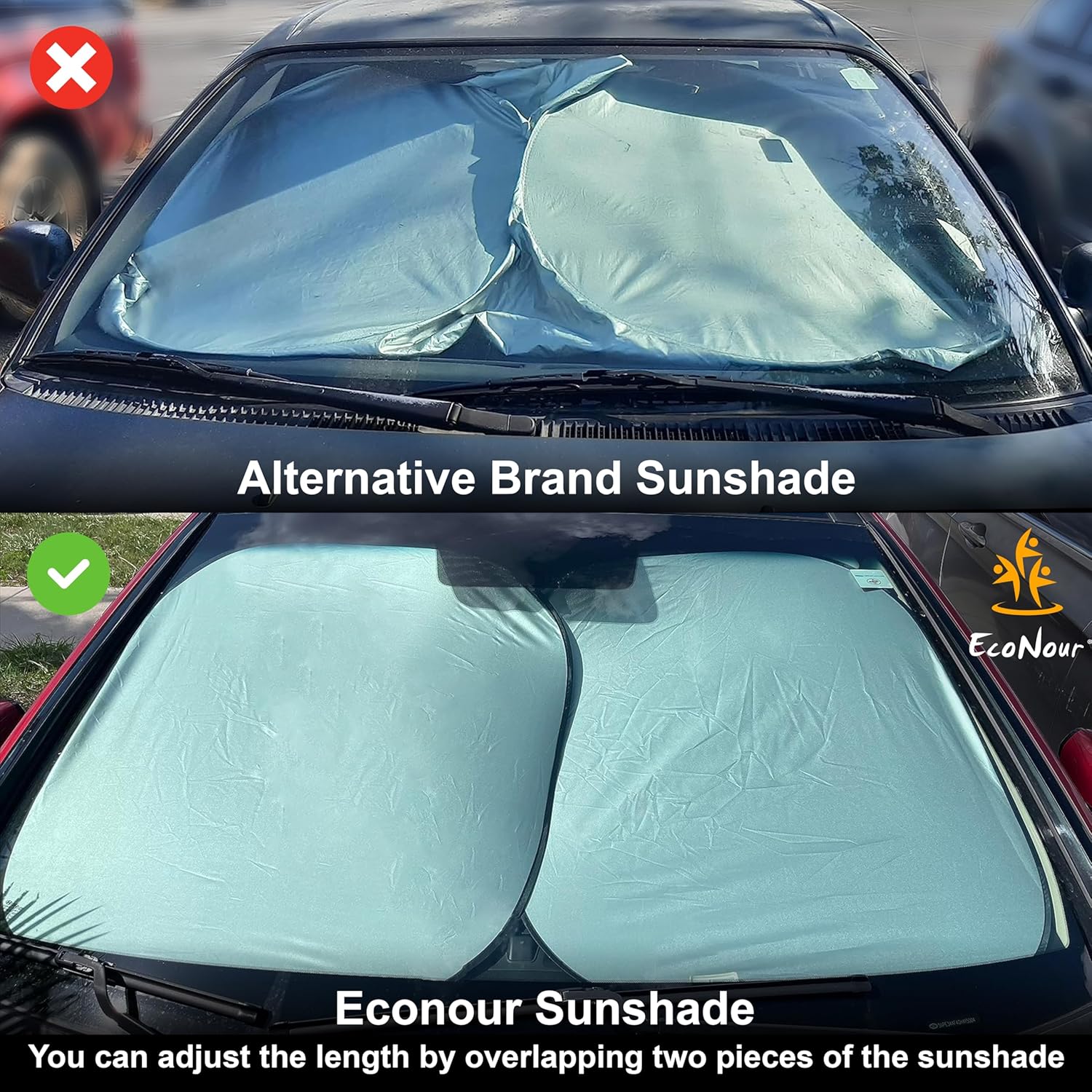 EcoNour 2-Piece Car Windshield Sun Shade | Sun Blocker for Car Windshield Reflects Heat and UV Rays | Foldable Automotive Interior Accessories for Sun Protection | Medium (28 x 31 inches)