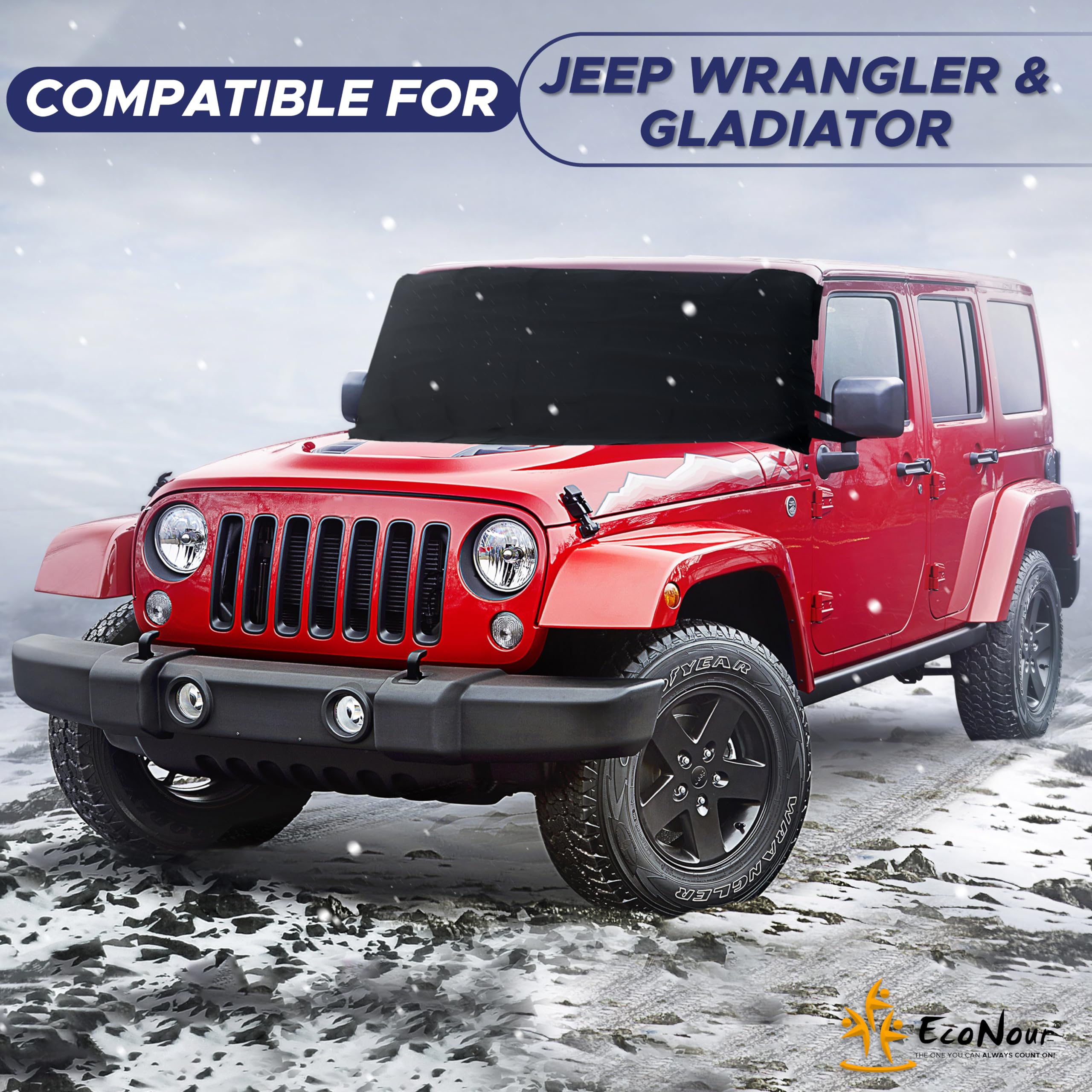 EcoNour Jeep Windshield Snow Cover X-Small protects windshield from snow, ice, and frost.