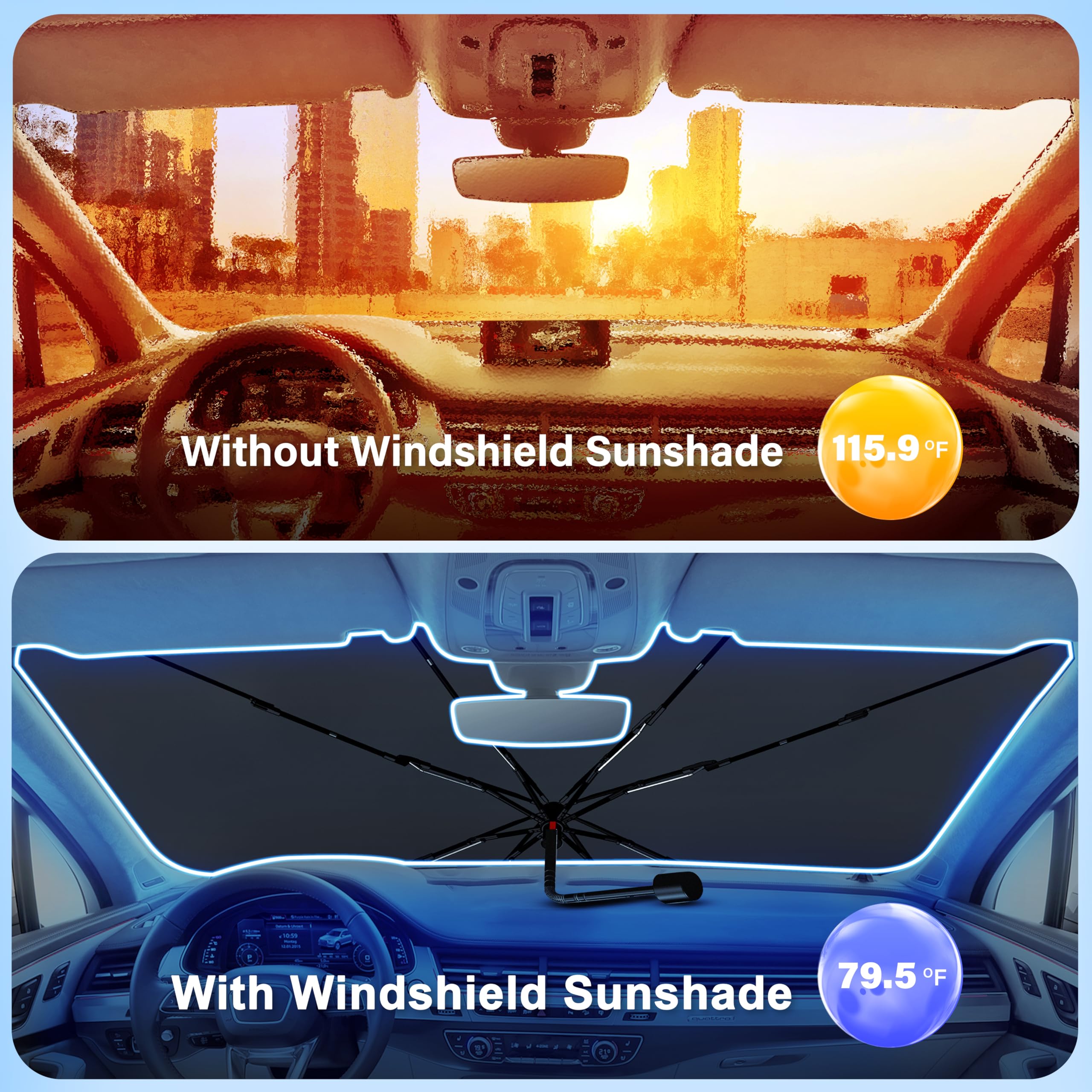 Car Windshield Sunshade Umbrella with 240T polyester fabric, EcoNour large umbrella shade.