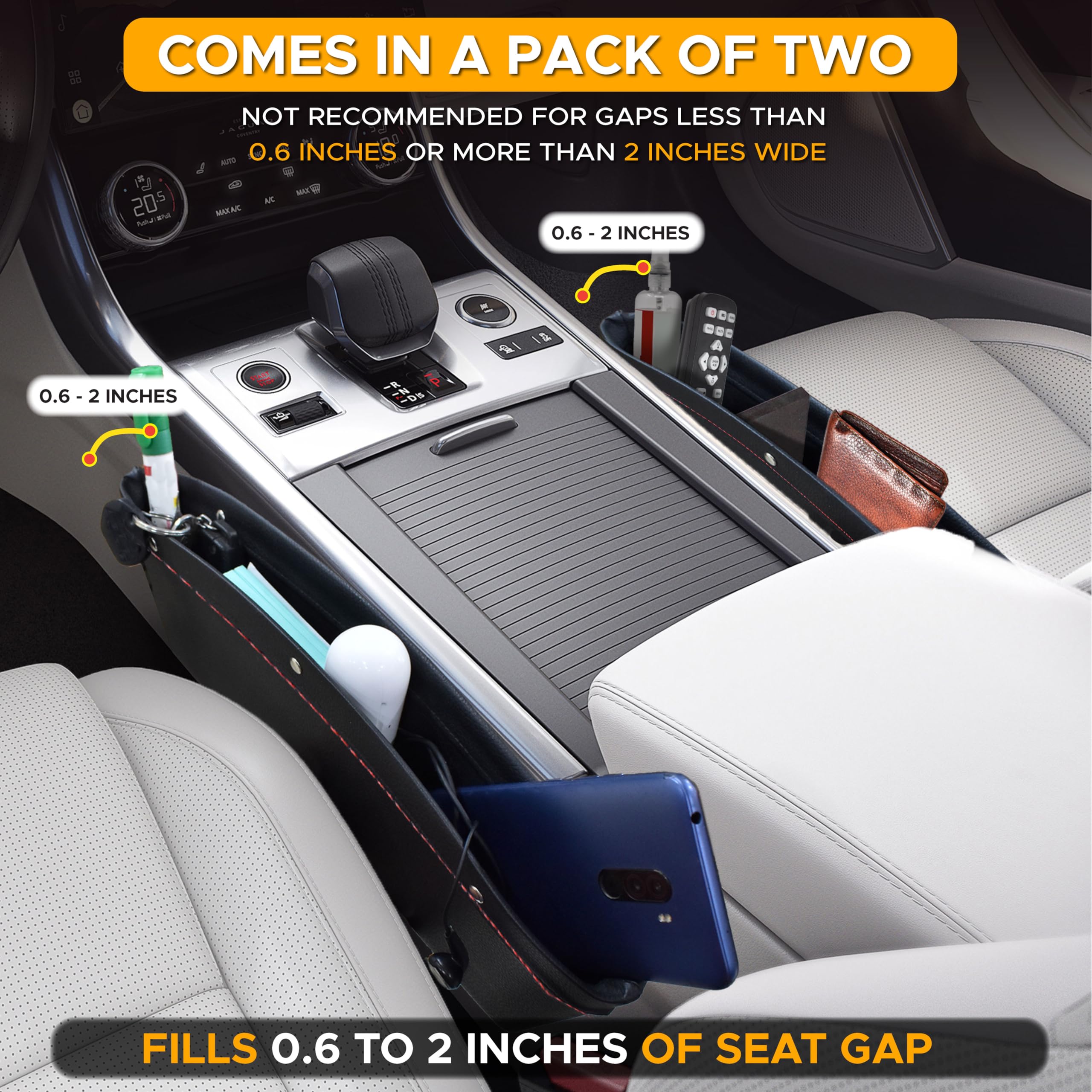 Car Seat Gap Organizer holds phones, keys, glasses securely