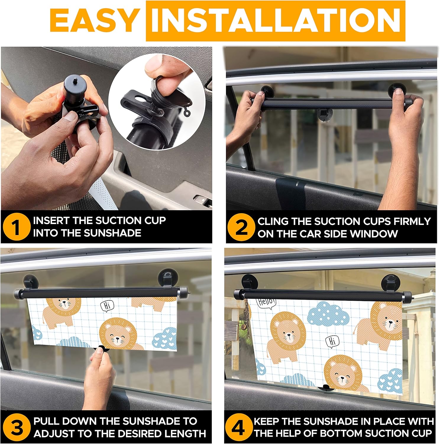 EcoNour Car Window Shade for Baby (2 Pack) | Retractable Printed Car Window Screen for Complete Protection | Enchanting Lions Prints (15